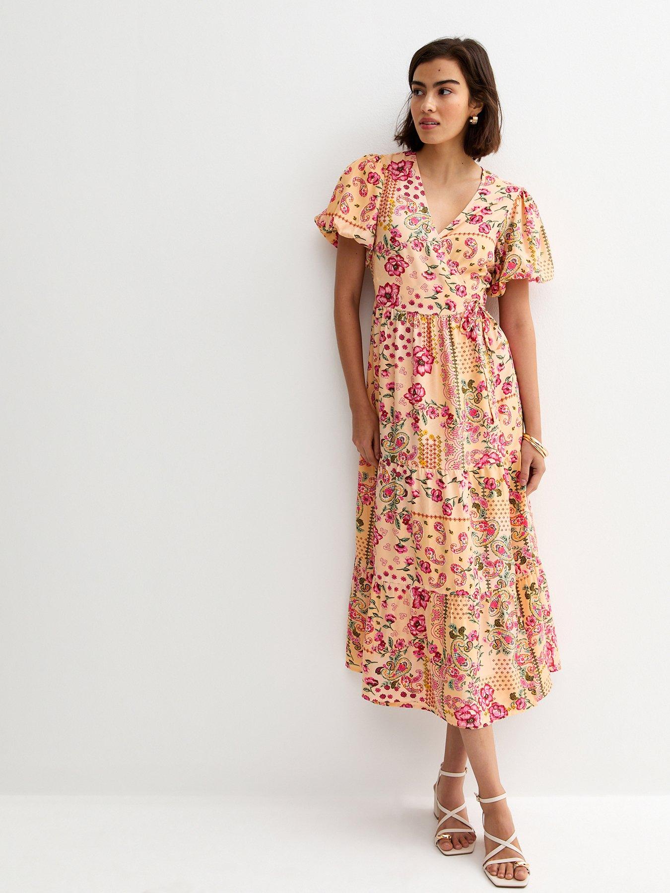 Image 1 of 5 of New Look Crepe Patch Print Wrap Midi Dress - Pink