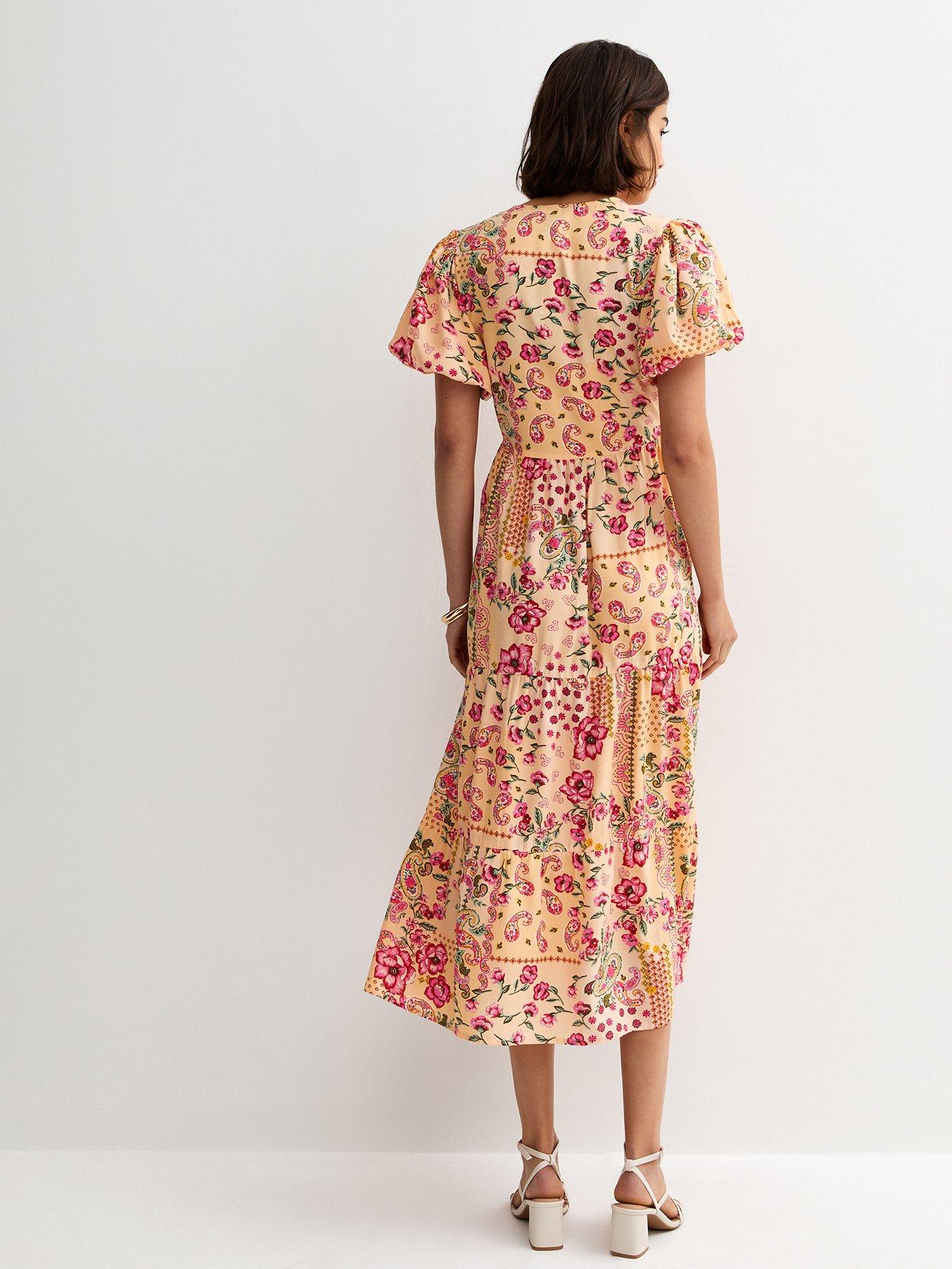 Image 2 of 5 of New Look Crepe Patch Print Wrap Midi Dress - Pink