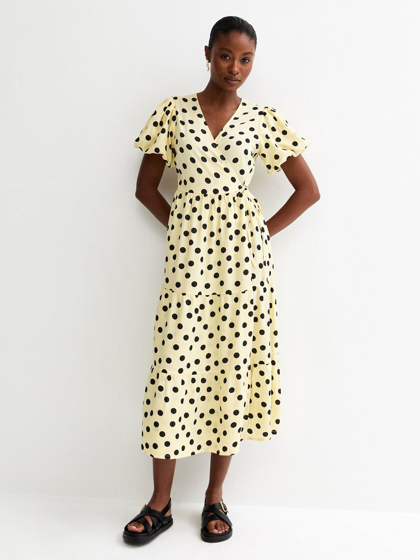 New Look: Crepe Polka Dot Midi Dress - Yellow