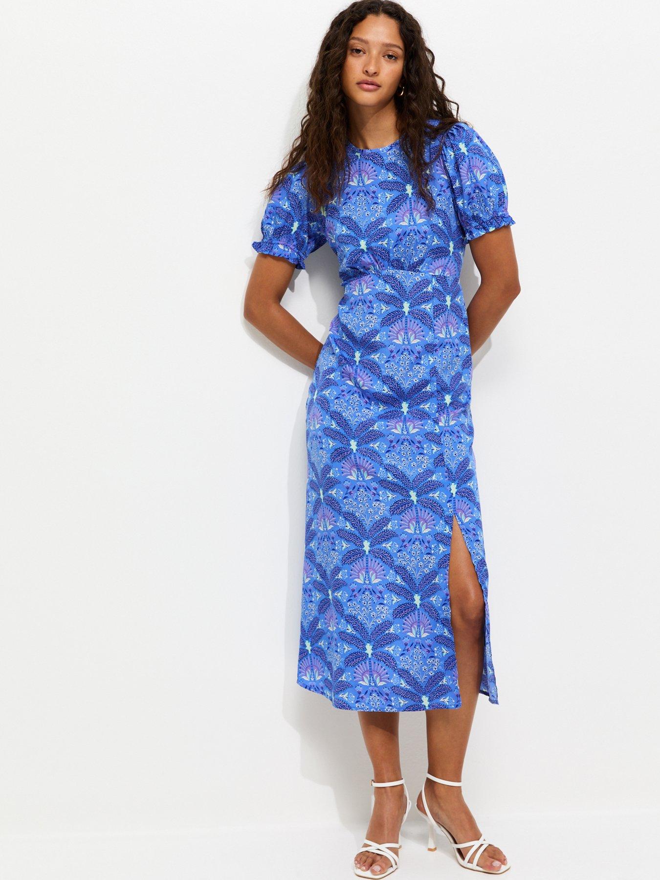 Image 1 of 5 of New Look Tropical Print Crepe Short Sleeve Midi Dress - Blue