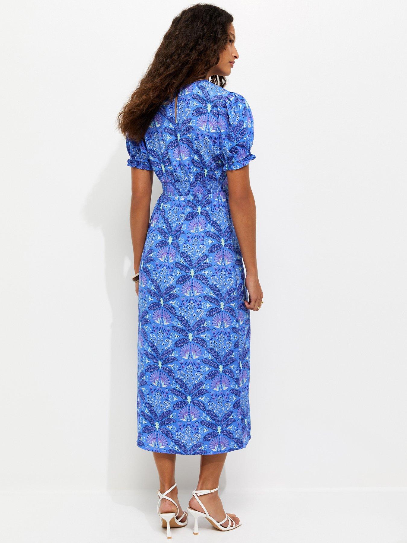 Image 2 of 5 of New Look Tropical Print Crepe Short Sleeve Midi Dress - Blue