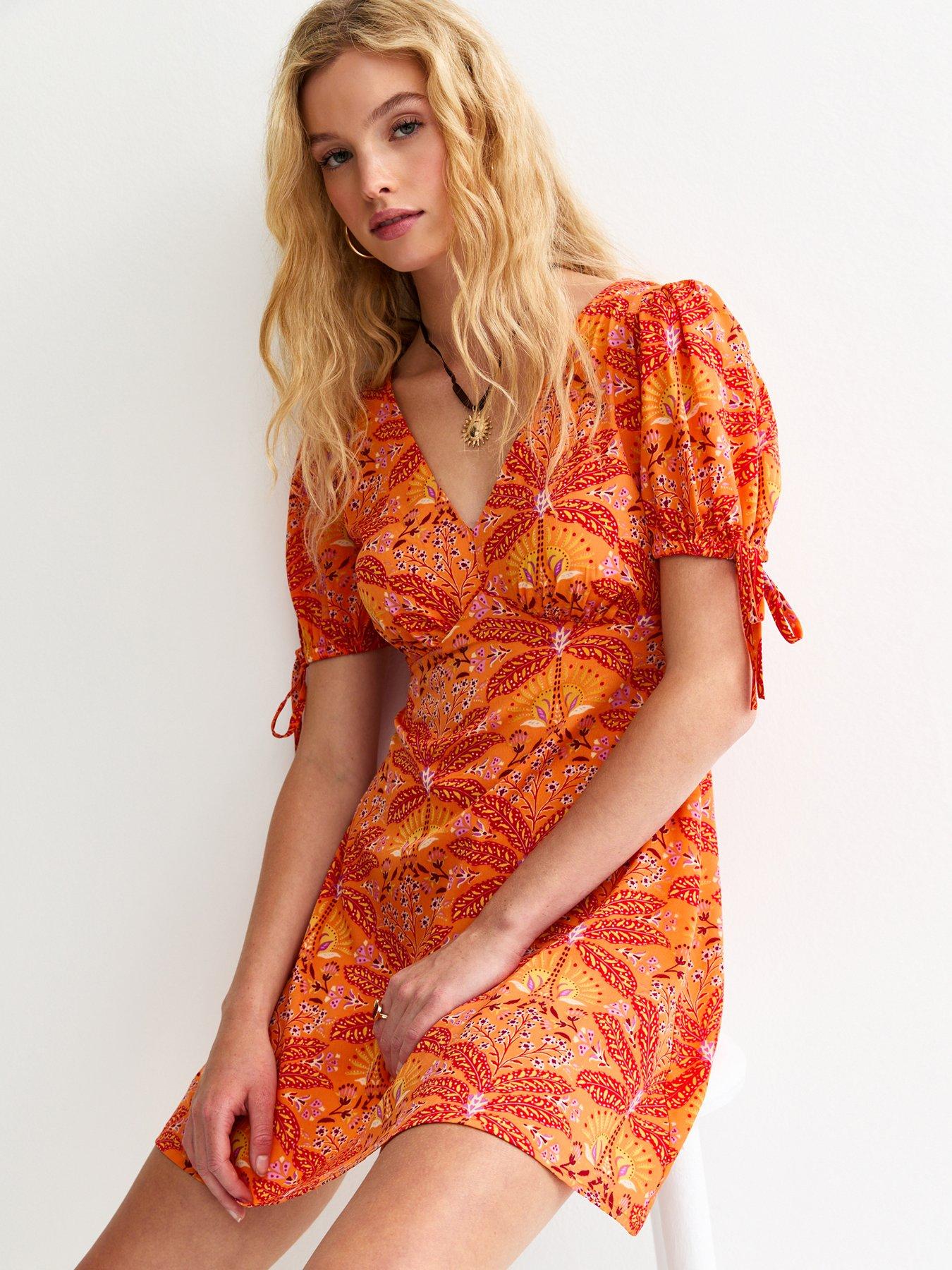 Image 1 of 5 of New Look Patterned Tie Sleeve Mini Dress - Orange