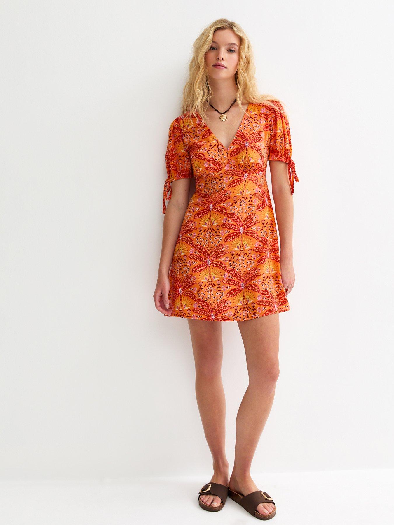 Image 3 of 5 of New Look Patterned Tie Sleeve Mini Dress - Orange
