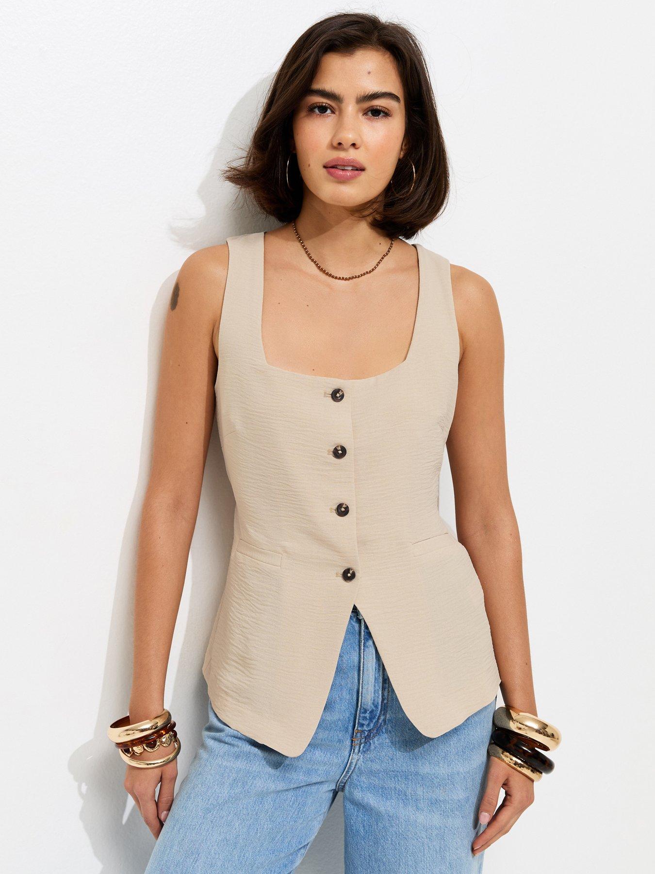 Image 1 of 5 of New Look Square Neck Button Down Waistcoat - Stone
