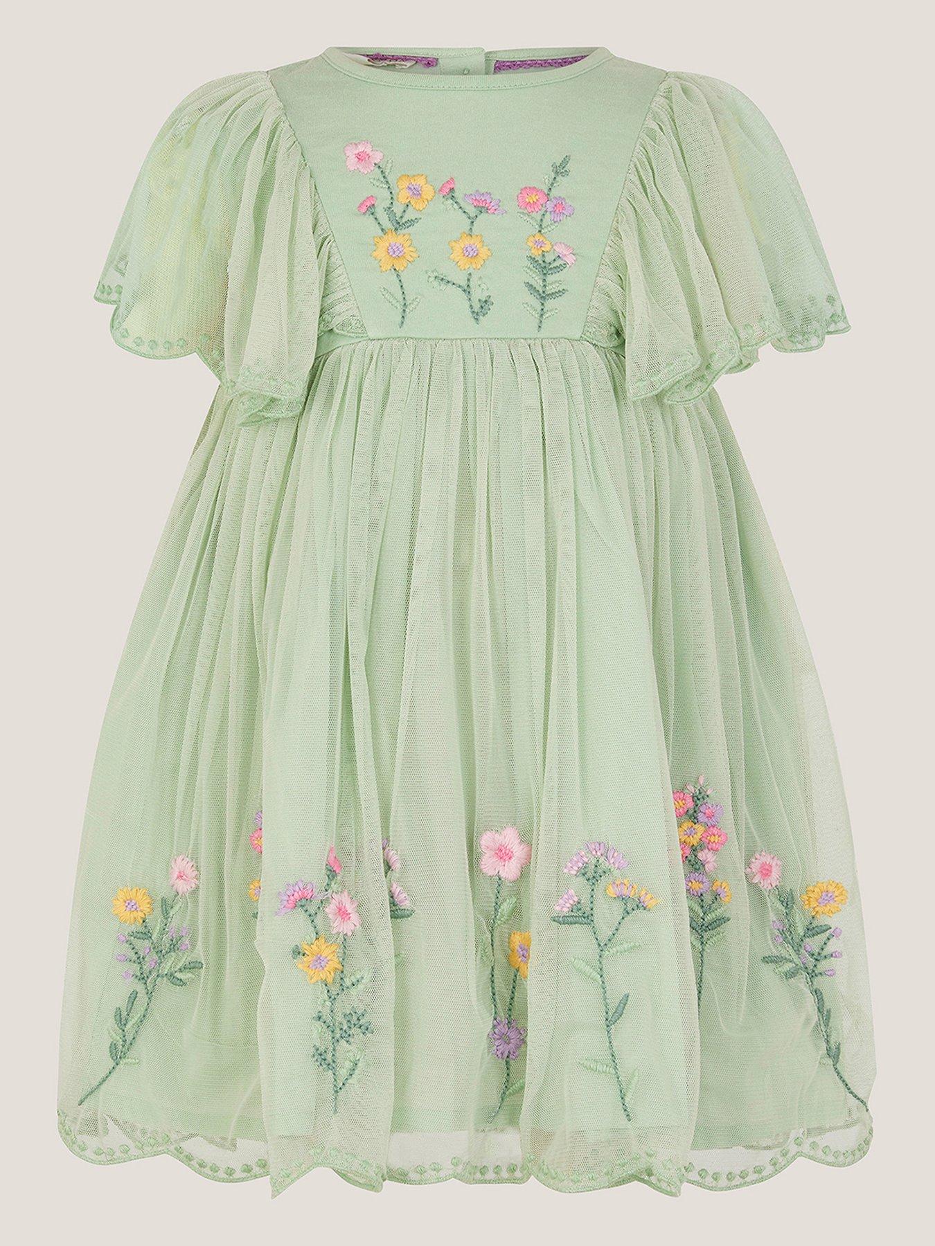 Monsoon Baby Girls Jersey Mesh Dress - Green