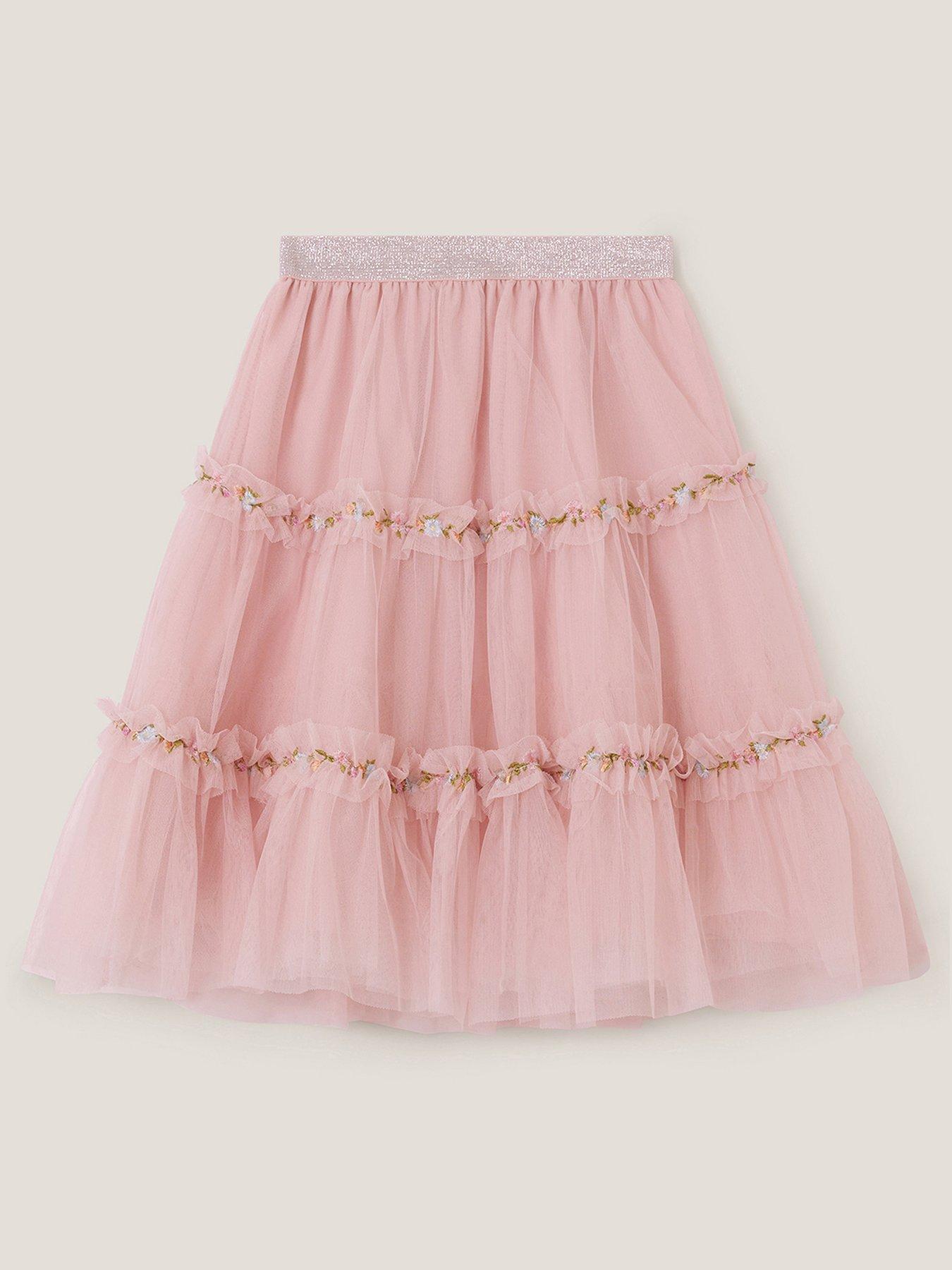 Monsoon Girls Long Mesh Embroidered Skirt - Pink