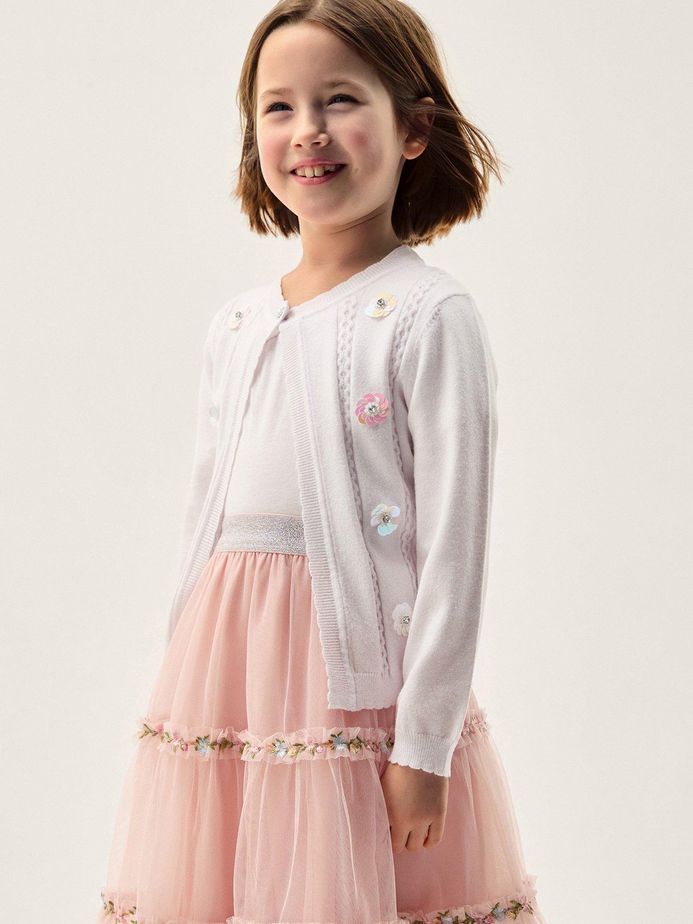 Monsoon Girls Sequin Heart Pointelle Cardigan, Light Cream, Size Age: 12-13 Years