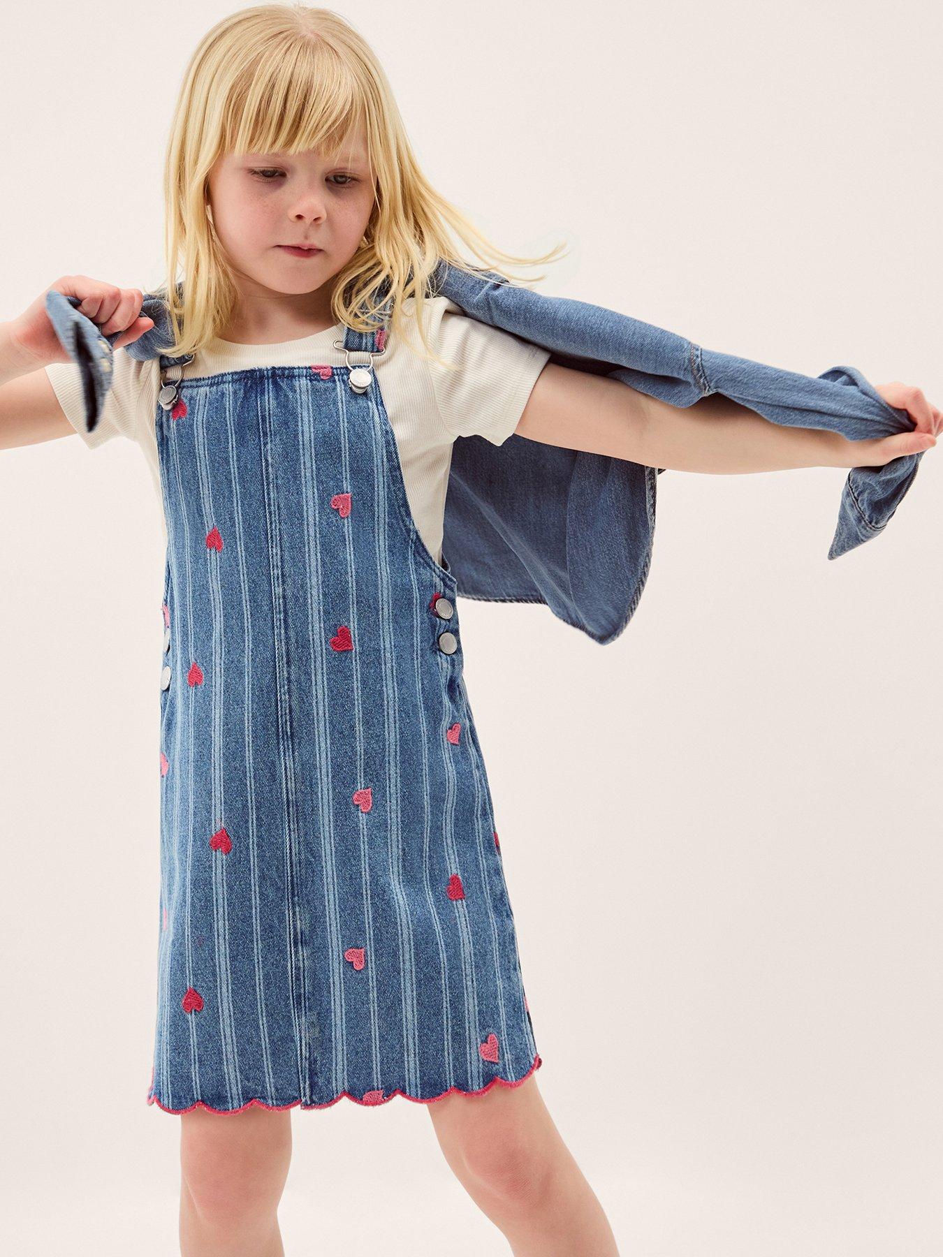 Monsoon Girls Stripe Heart Denim Pinafore Dress, Blue, Size 11-12 Years