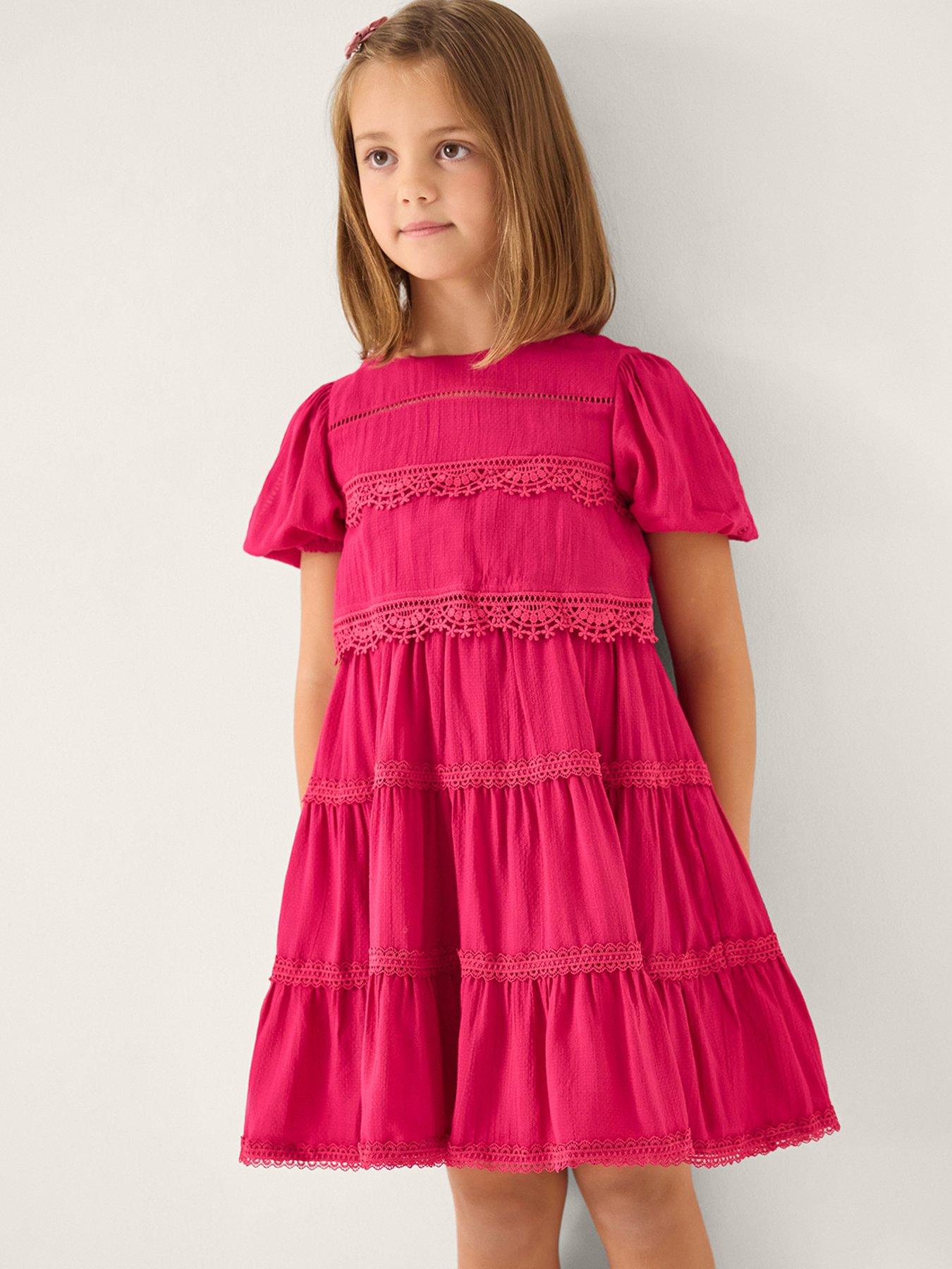 Monsoon Girls Textured Tier Dobby Dress - Pink