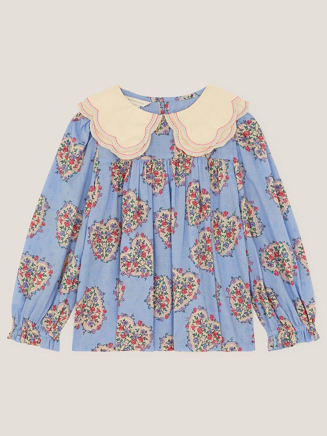 Monsoon Girls Heart Print Swiss Dot Blouse - Blue