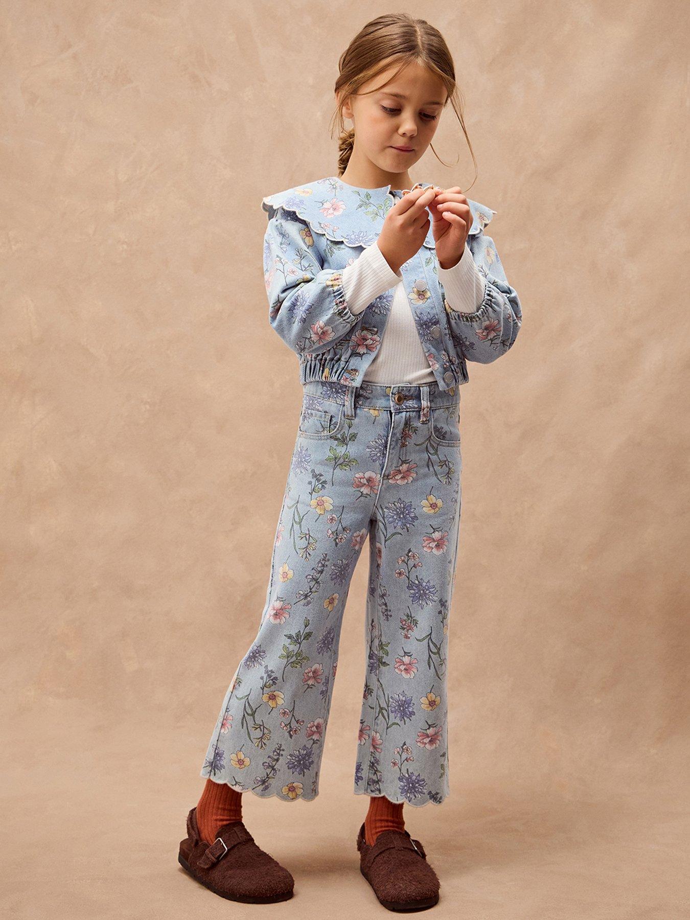 Monsoon Girls Floral Scallop Denim Jacket - Blue