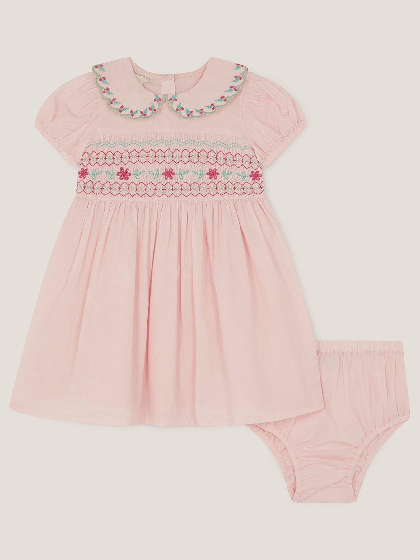Monsoon Baby Girls Pink Smock Dress  &  Knickers - Pink