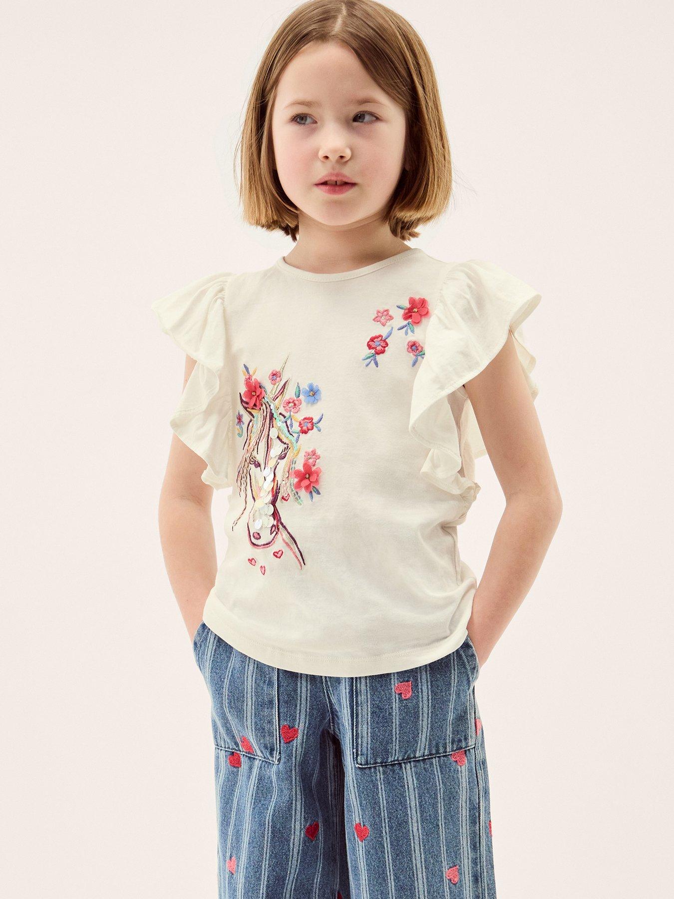 Monsoon Girls Short Sleeve Unicorn Frill Tshirt - Ivory