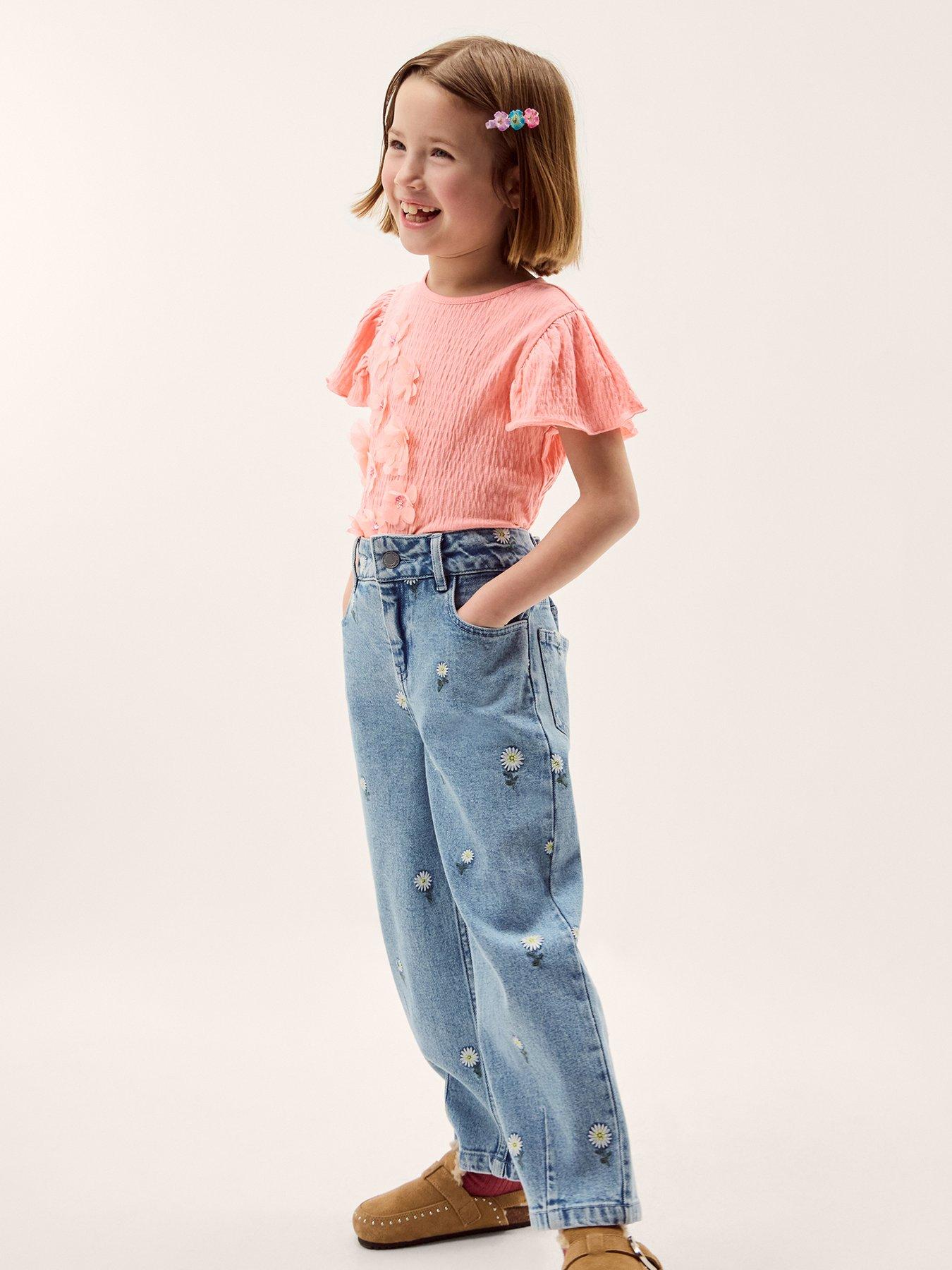 Monsoon Girls Daisy Embroidered Barrel Denim Jeans - Blue