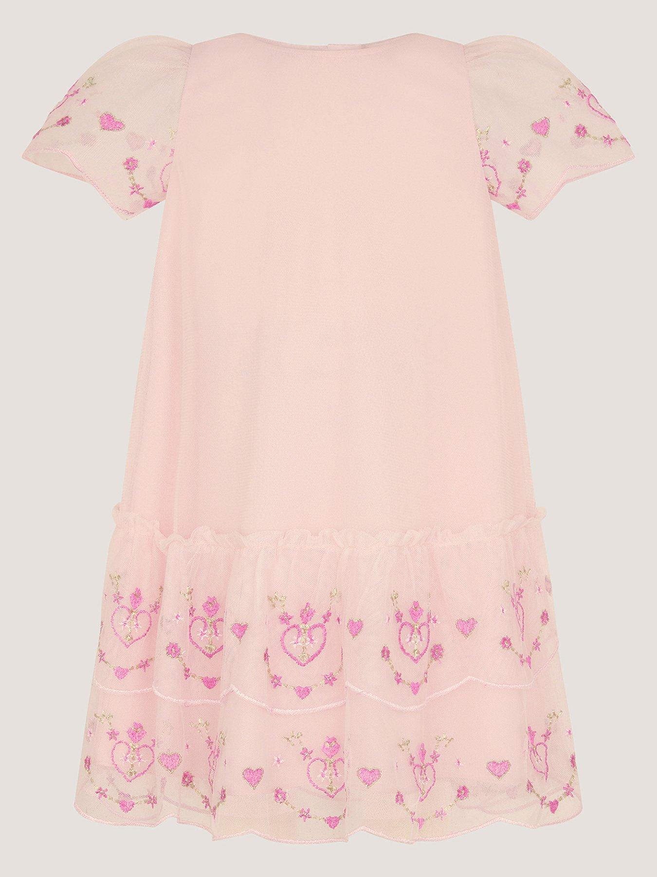 Monsoon Baby Girls Heart Embroidered Mesh Trapeze Dress - Pink