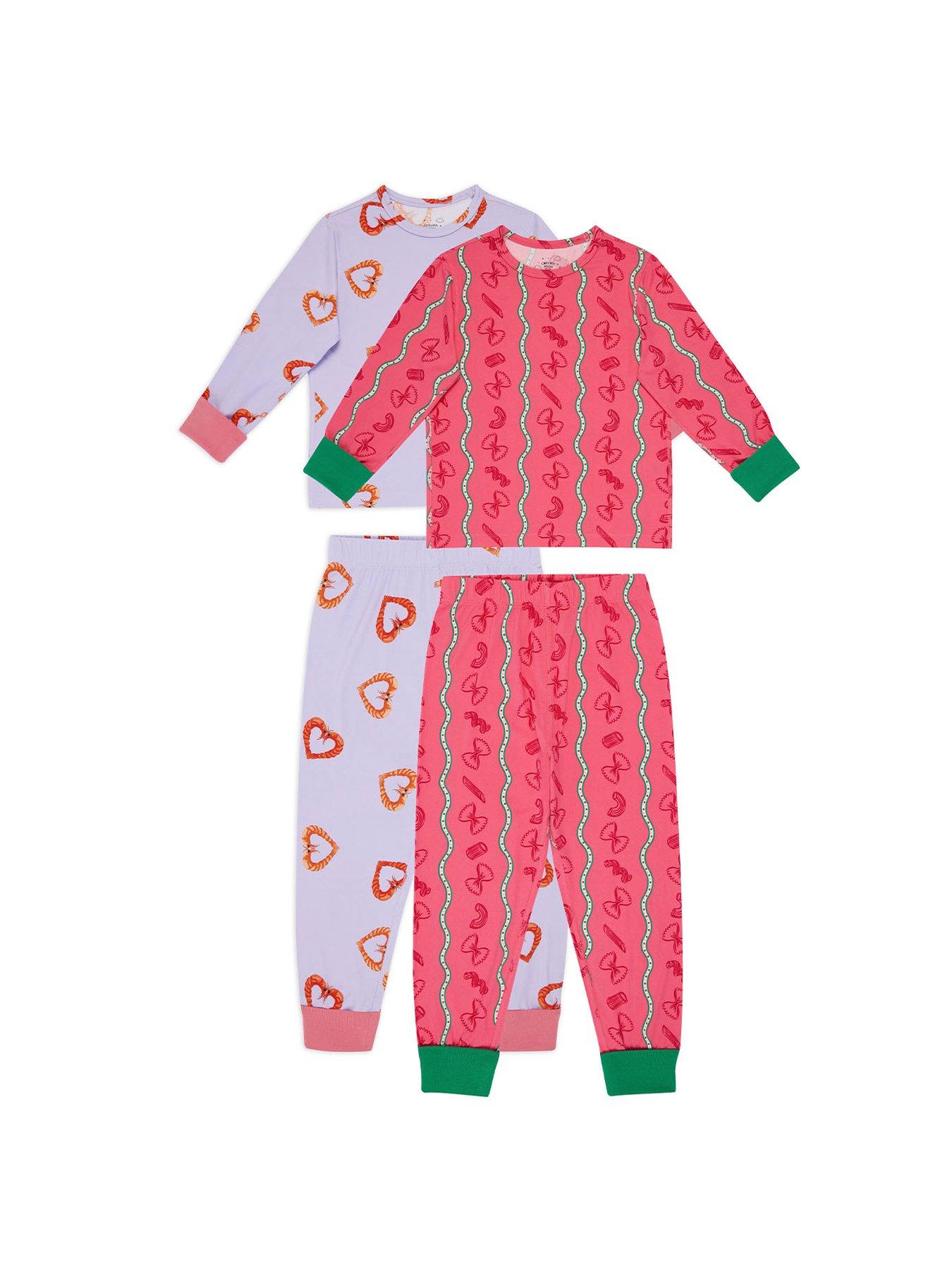 CHELSEA PEERS Kids 2 Pack Pasta Stripe / Shrimp Heart Print Long Pyjama Sets - Pink