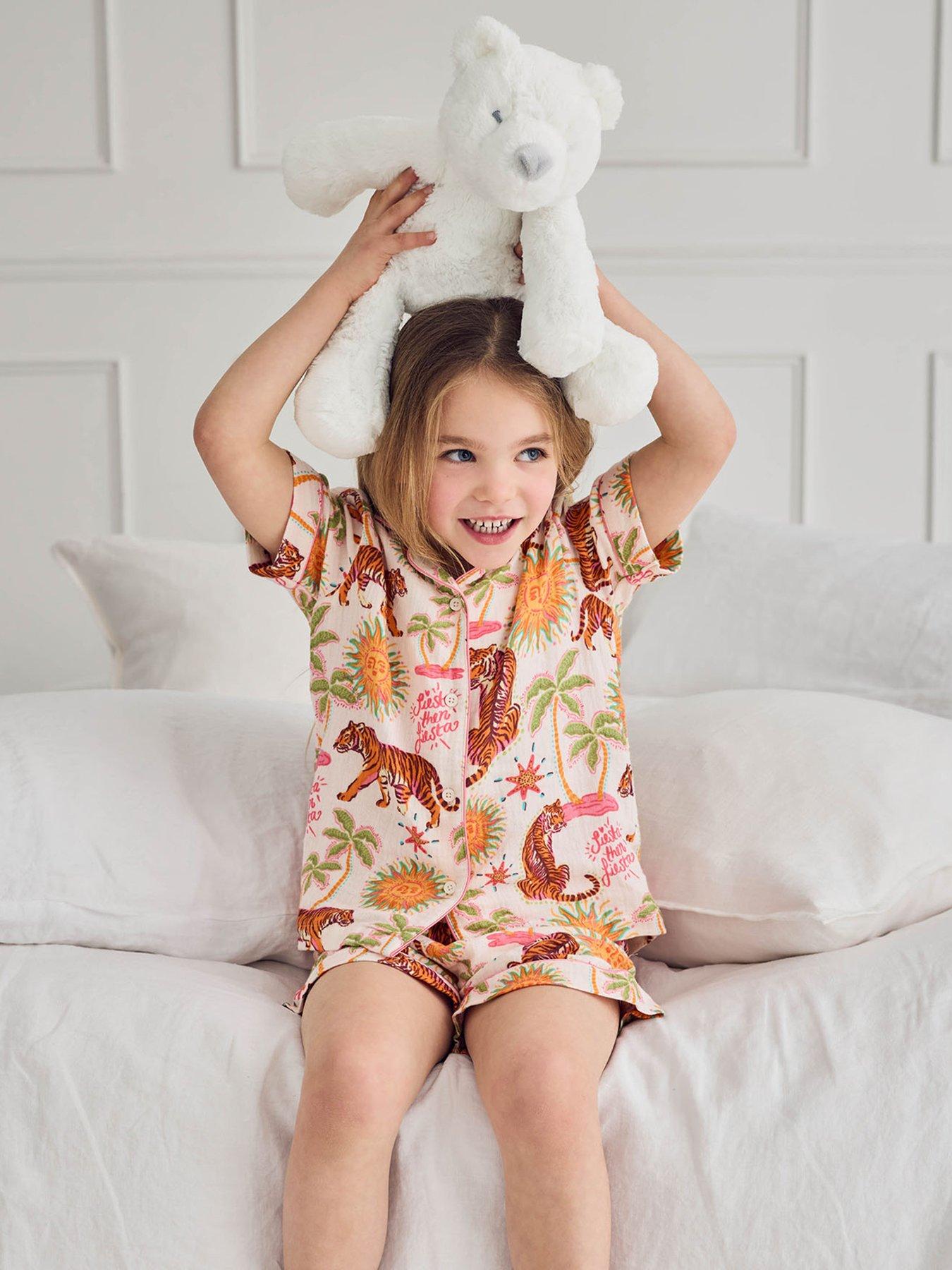 Image 1 of 7 of CHELSEA PEERS Kids Mini Me Siesta Tiger Cheesecloth Shorty Pyjamas - Light Cream