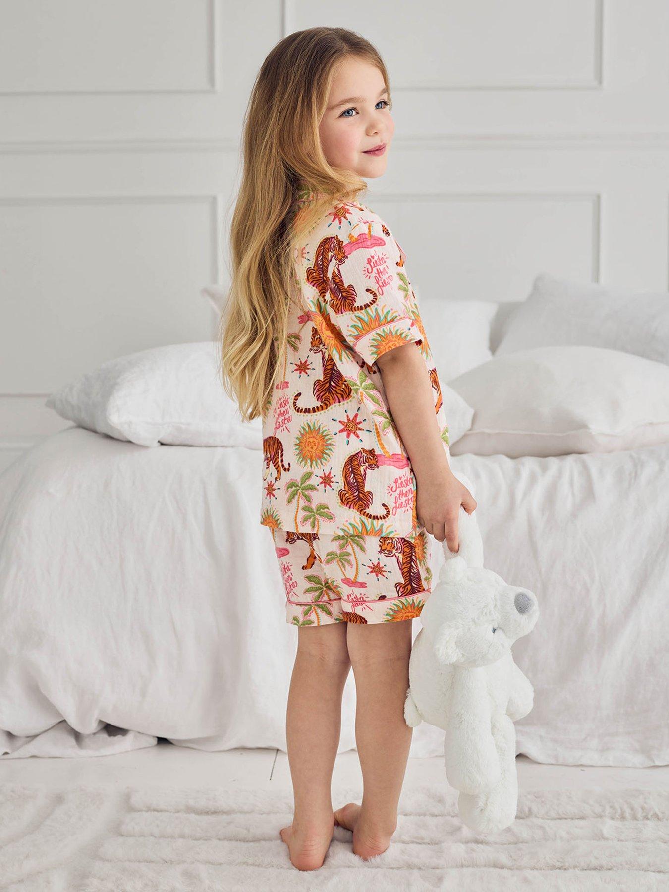 Image 2 of 7 of CHELSEA PEERS Kids Mini Me Siesta Tiger Cheesecloth Shorty Pyjamas - Light Cream
