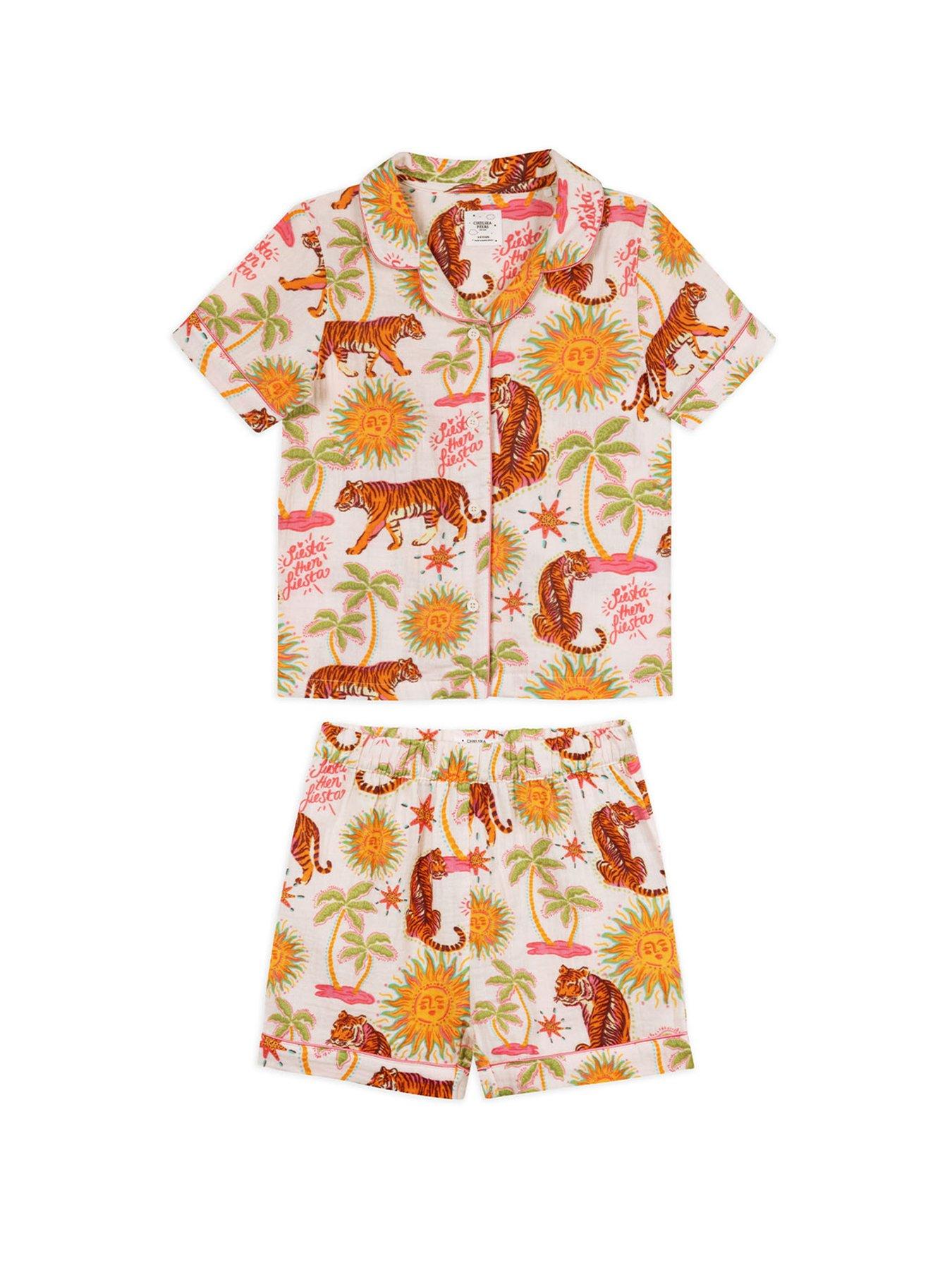 Image 5 of 7 of CHELSEA PEERS Kids Mini Me Siesta Tiger Cheesecloth Shorty Pyjamas - Light Cream