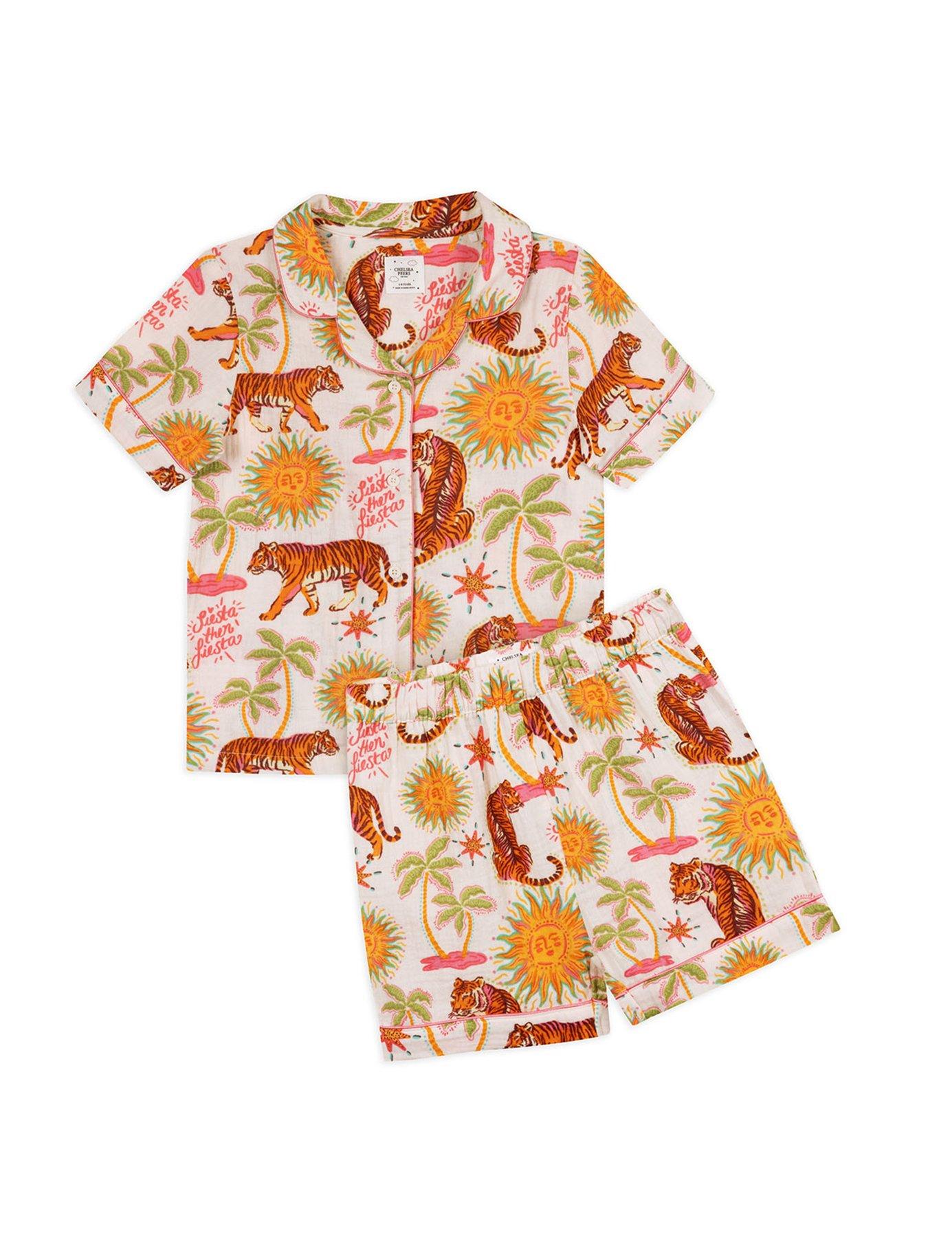 Image 6 of 7 of CHELSEA PEERS Kids Mini Me Siesta Tiger Cheesecloth Shorty Pyjamas - Light Cream