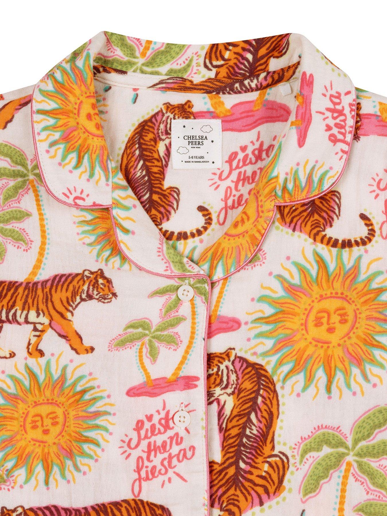 Image 7 of 7 of CHELSEA PEERS Kids Mini Me Siesta Tiger Cheesecloth Shorty Pyjamas - Light Cream