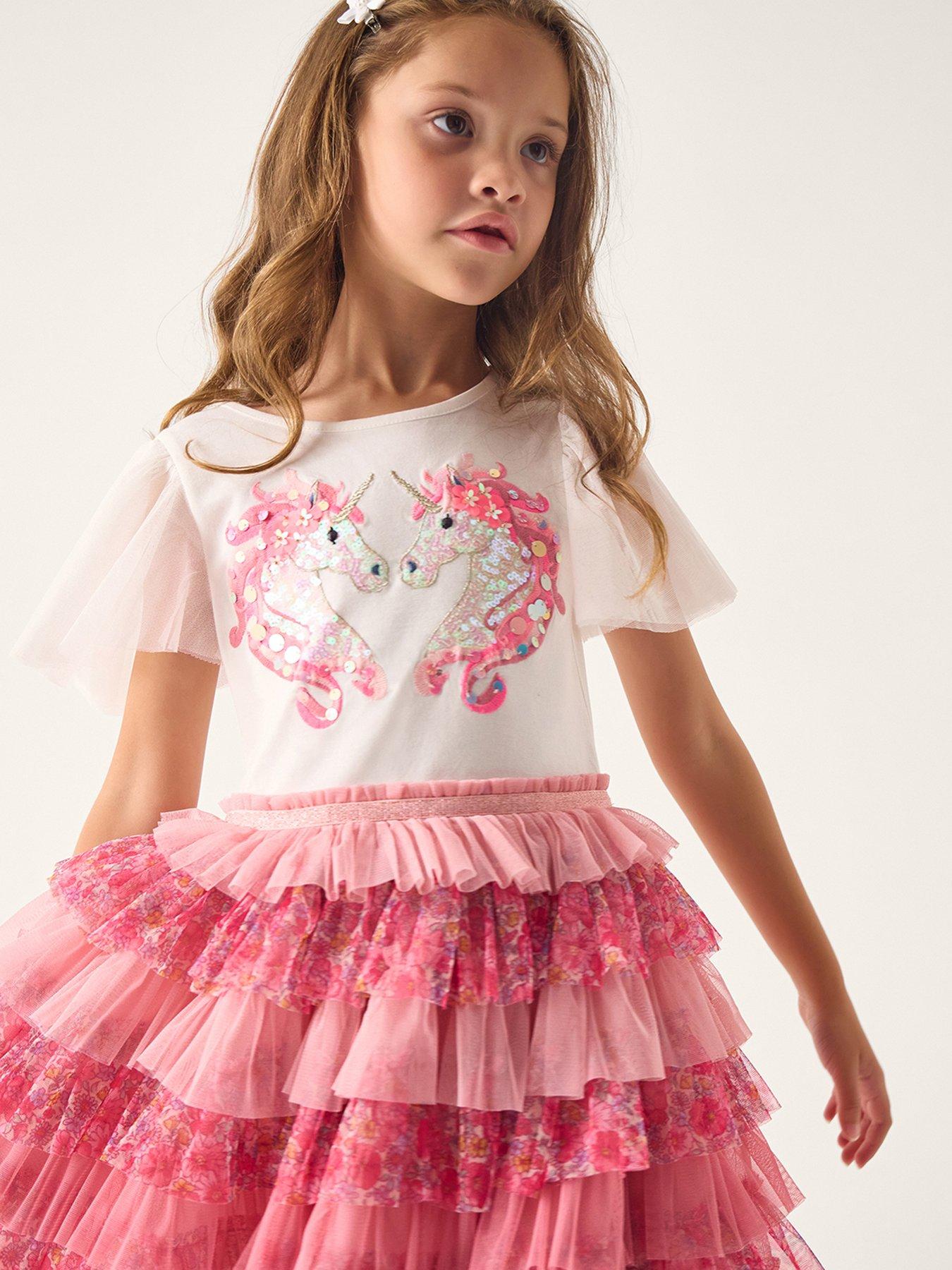 Monsoon Girls Short Sleeve Unicorn Disco Ditsy Dress, Pink, Size 12-13 Years