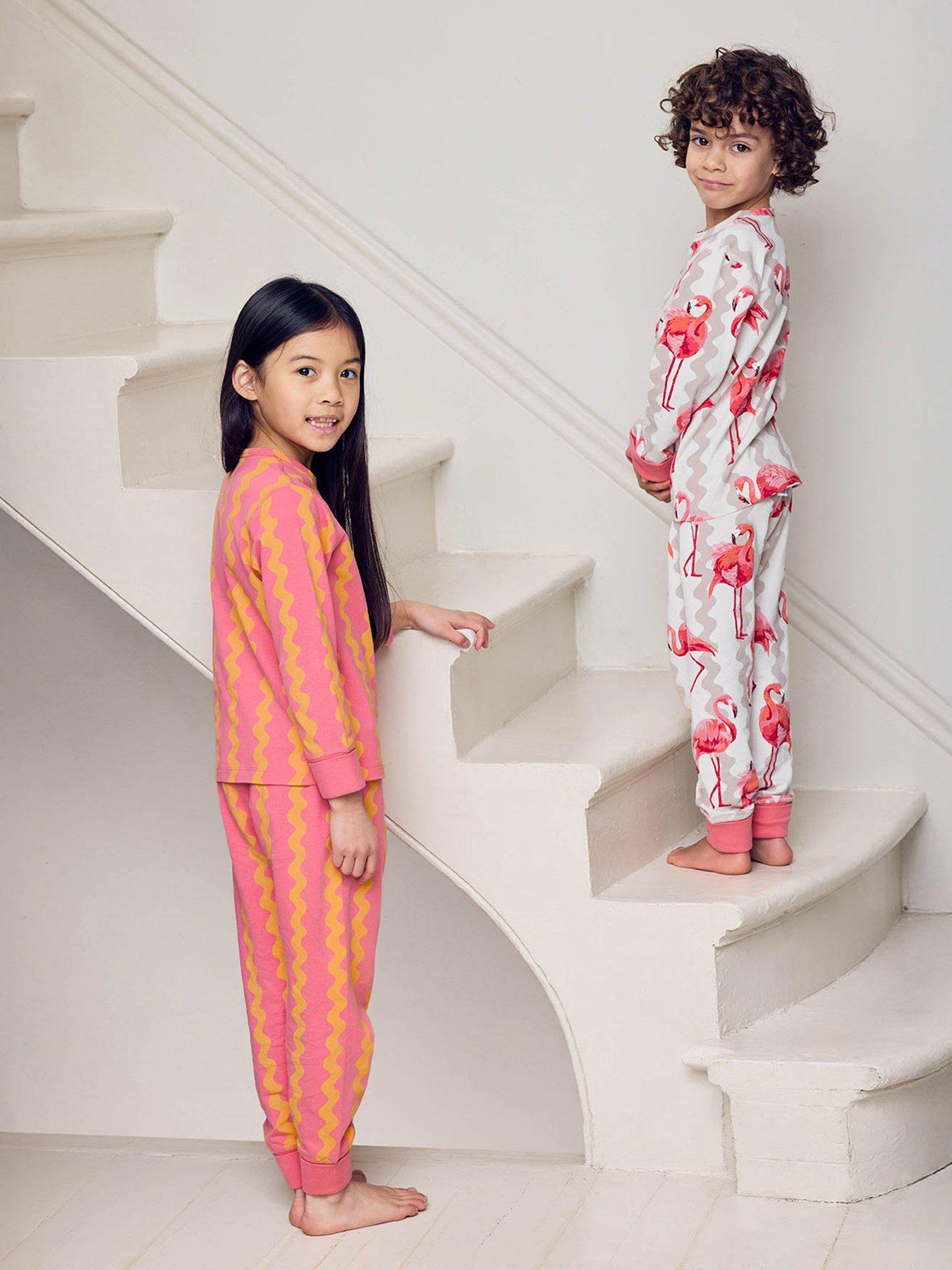 Image 1 of 7 of CHELSEA PEERS Kids 2 Pack Flamingo Stripe Pyjamas - Pink