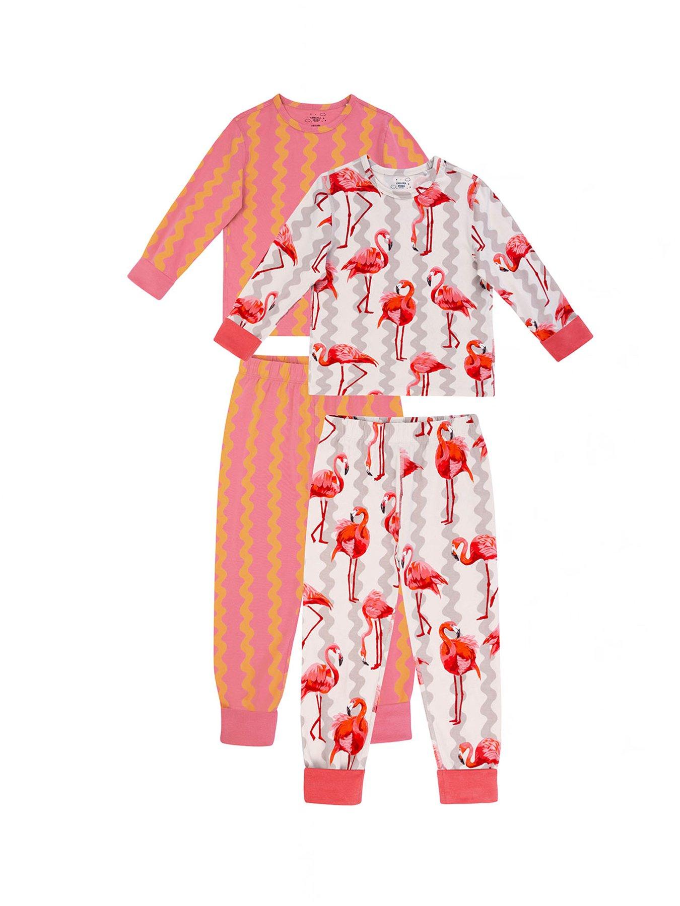 Image 2 of 7 of CHELSEA PEERS Kids 2 Pack Flamingo Stripe Pyjamas - Pink
