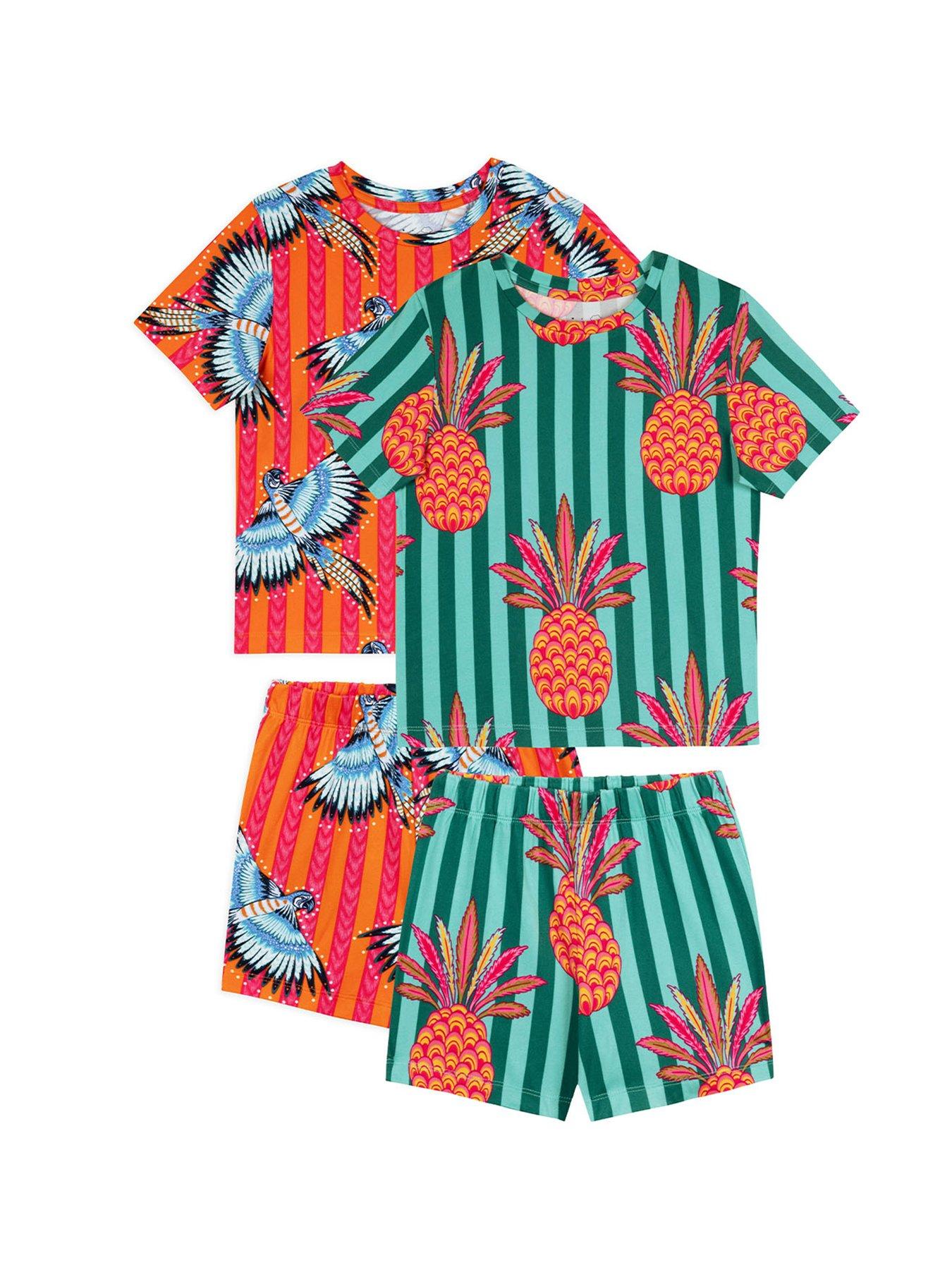 CHELSEA PEERS Kids Mini Me 2 Pack Parrot Stripe Print Shorty Pyjamas - Orange