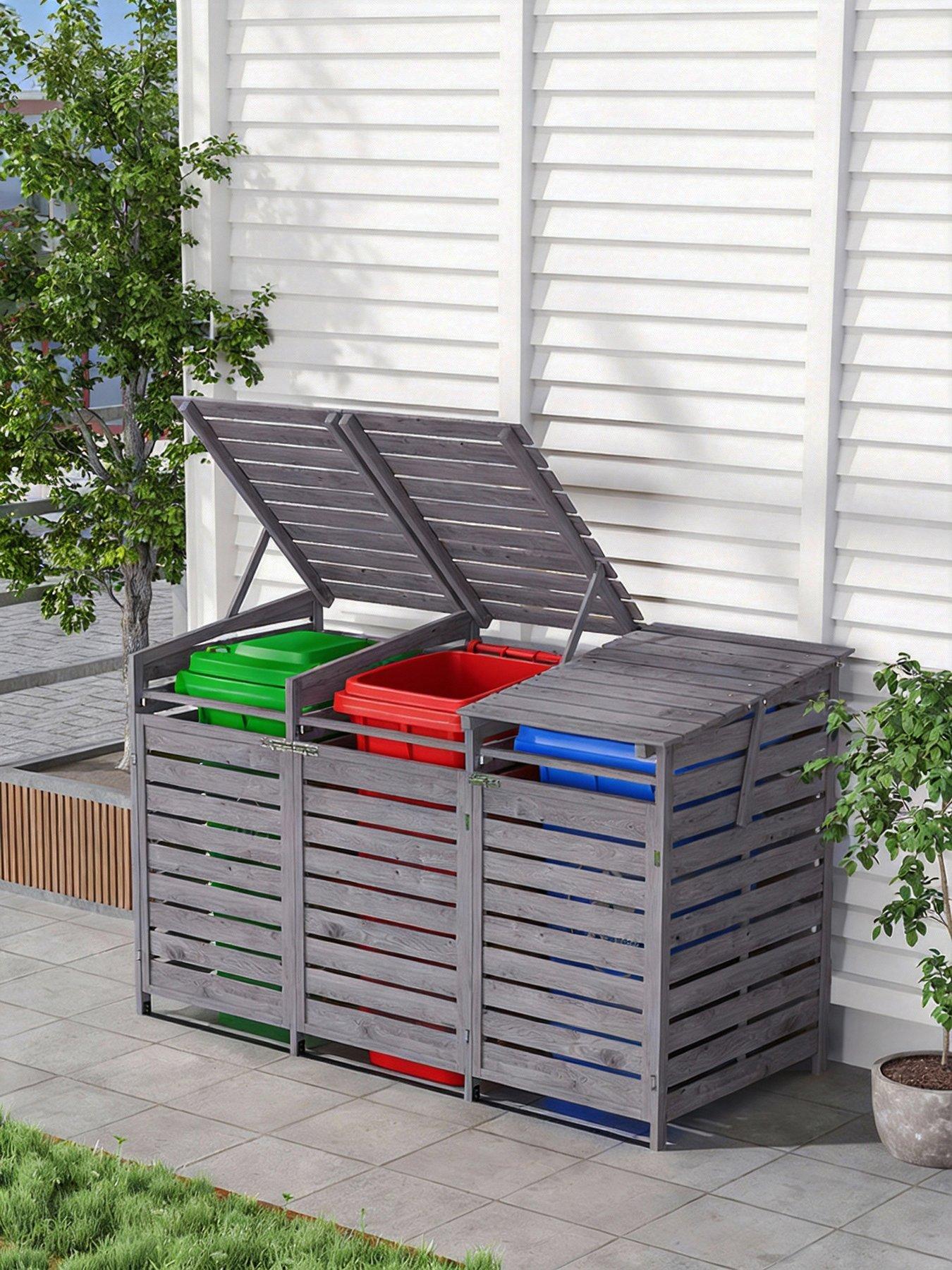Living and Home 3-Door Outdoor Spruce Wood Garbage Can Storage Shed Grey