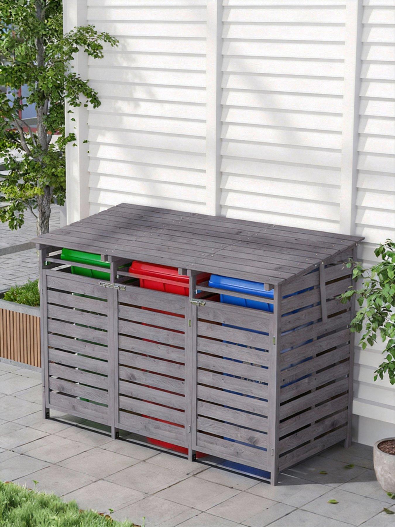 Living and Home 3-Door Outdoor Spruce Wood Garbage Can Storage Shed ...