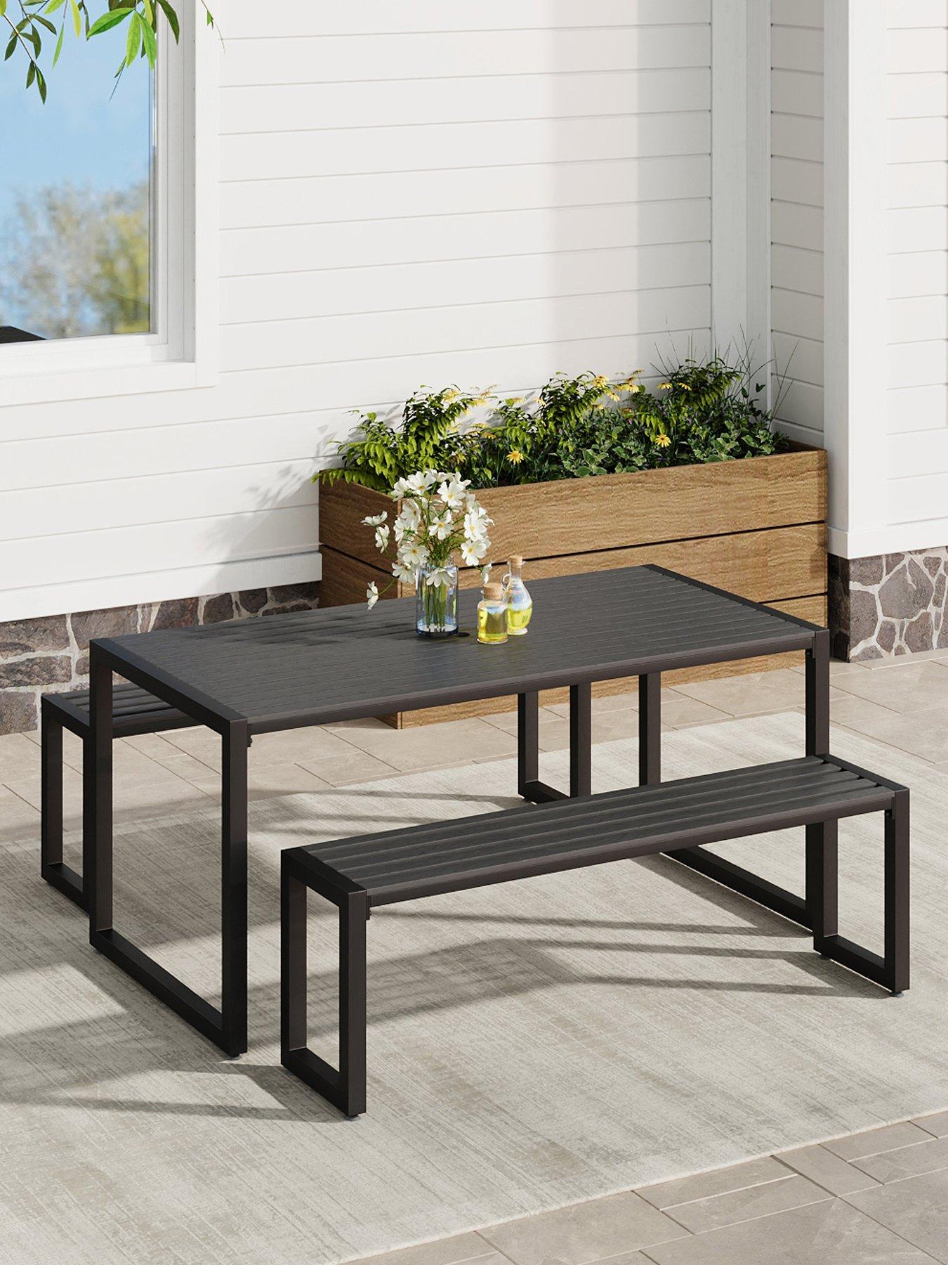 Living and Home Outdoor WPC Dining Table with Parasol Hole and Benches ...