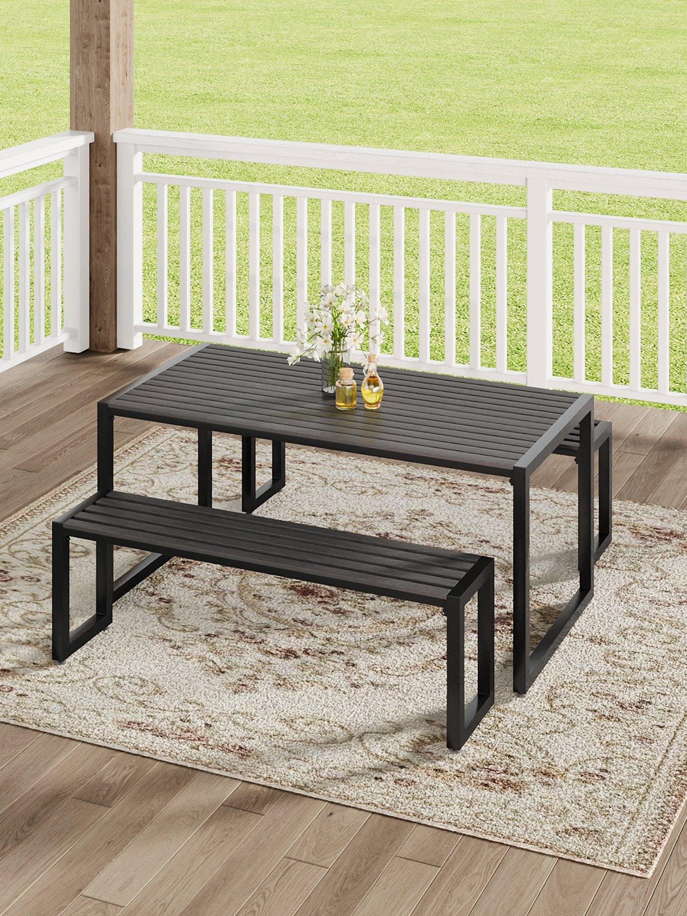 Living and Home Outdoor WPC Dining Table with Parasol Hole and Benches ...