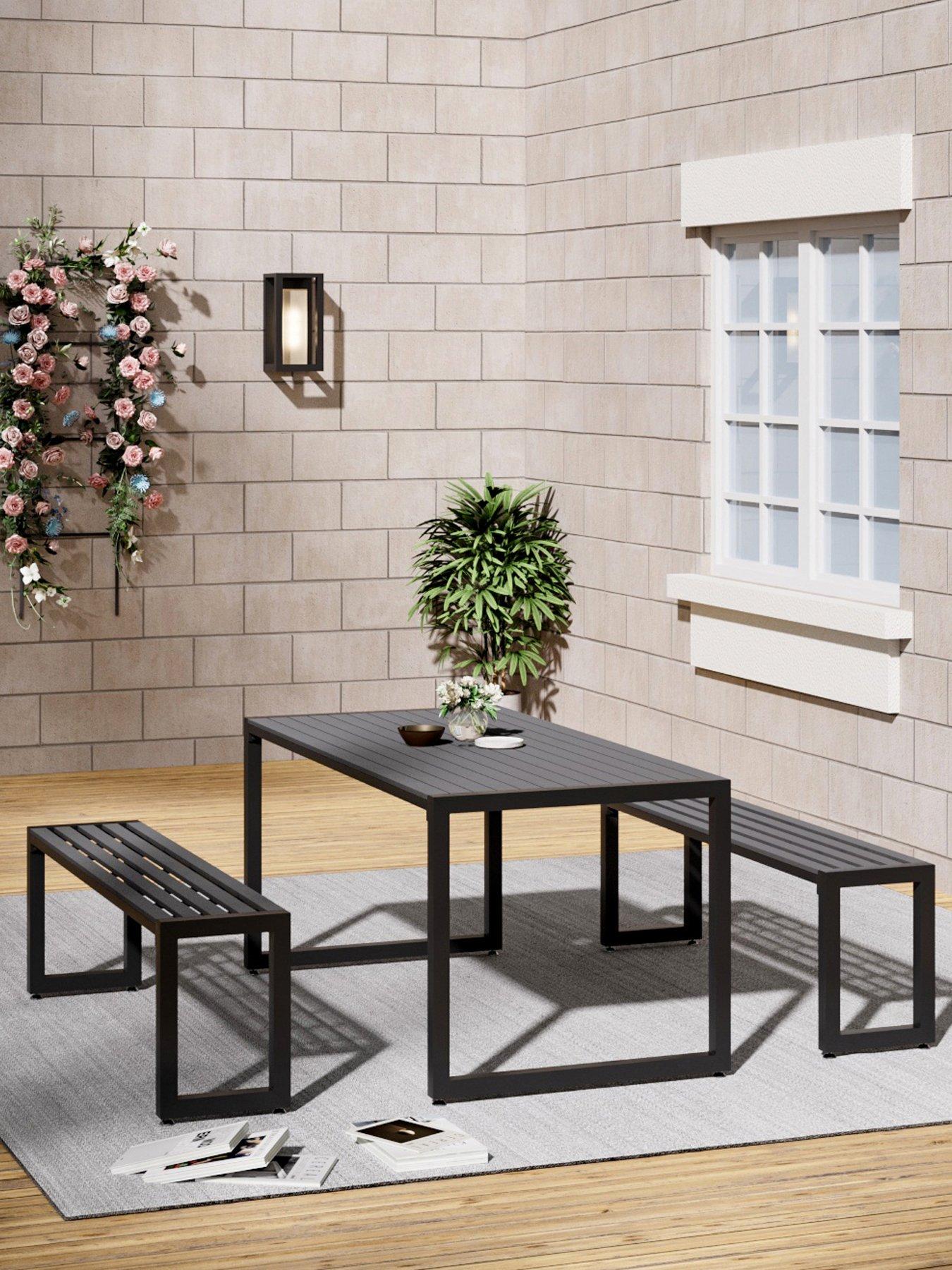 Living and Home Outdoor WPC Dining Table with Parasol Hole and Benches ...