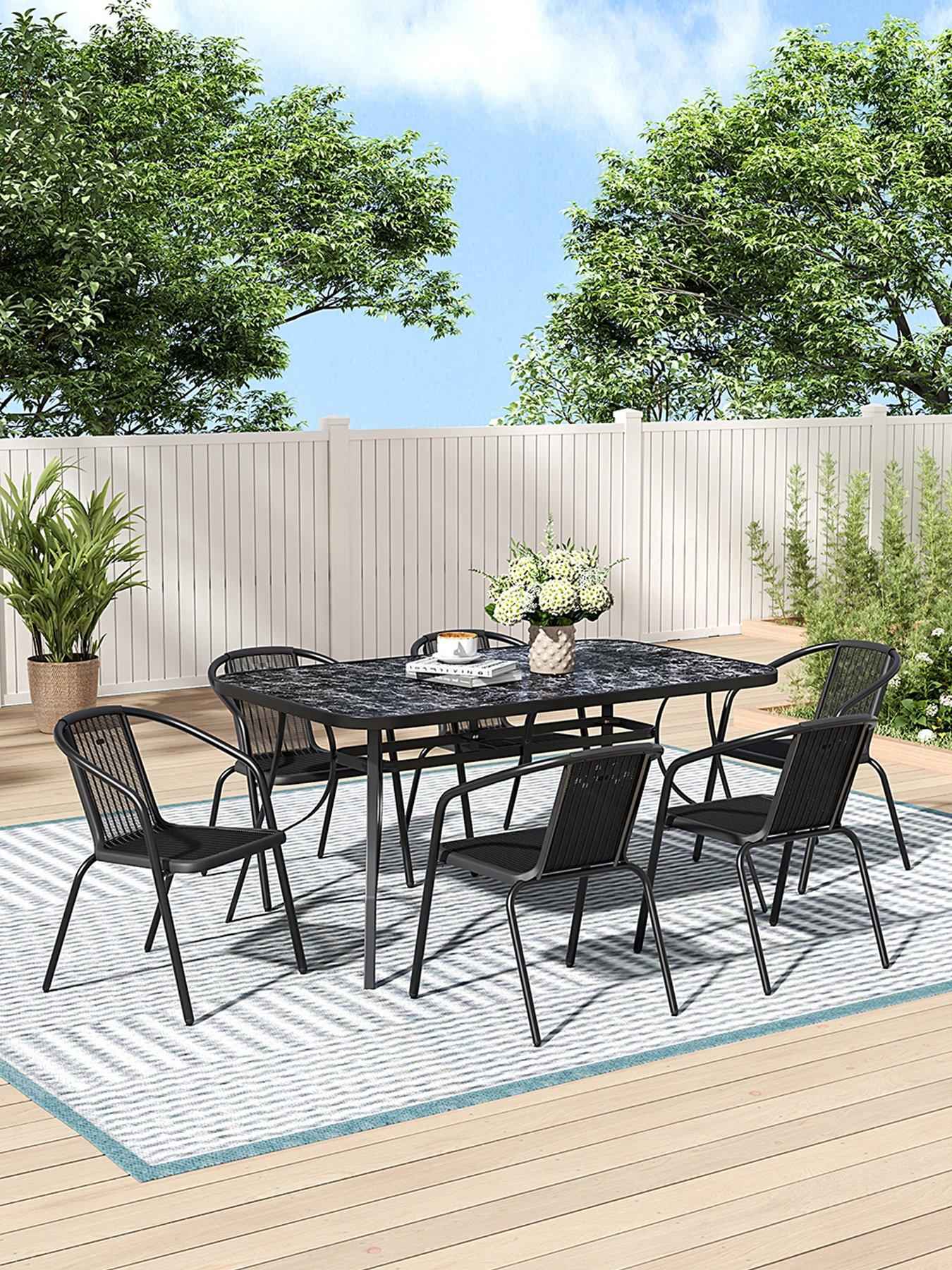 Image 1 of 7 of Living and Home Garden Marble Pattern Table with 6 Rattan Stackable Chairs