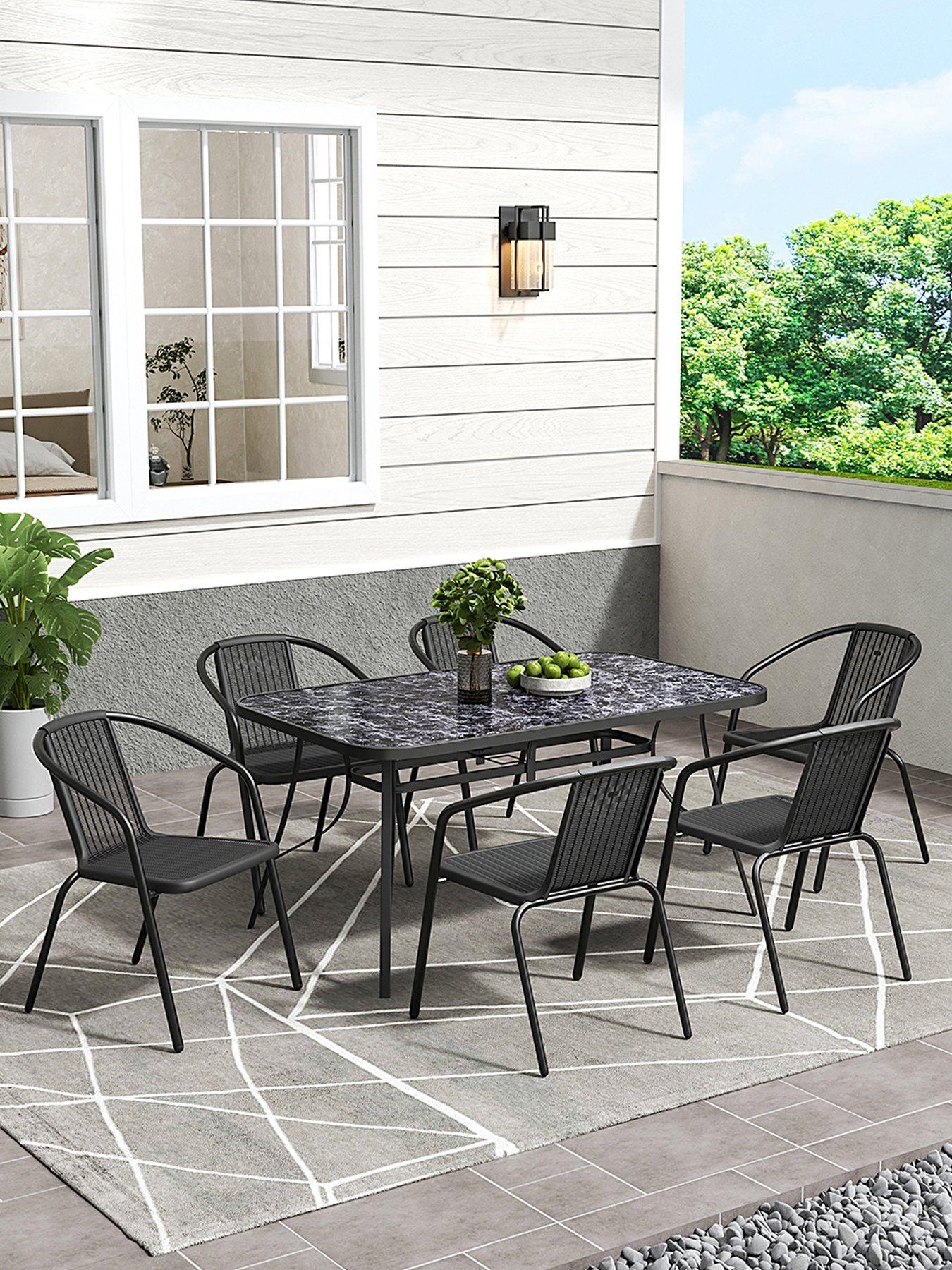 Image 4 of 7 of Living and Home Garden Marble Pattern Table with 6 Rattan Stackable Chairs
