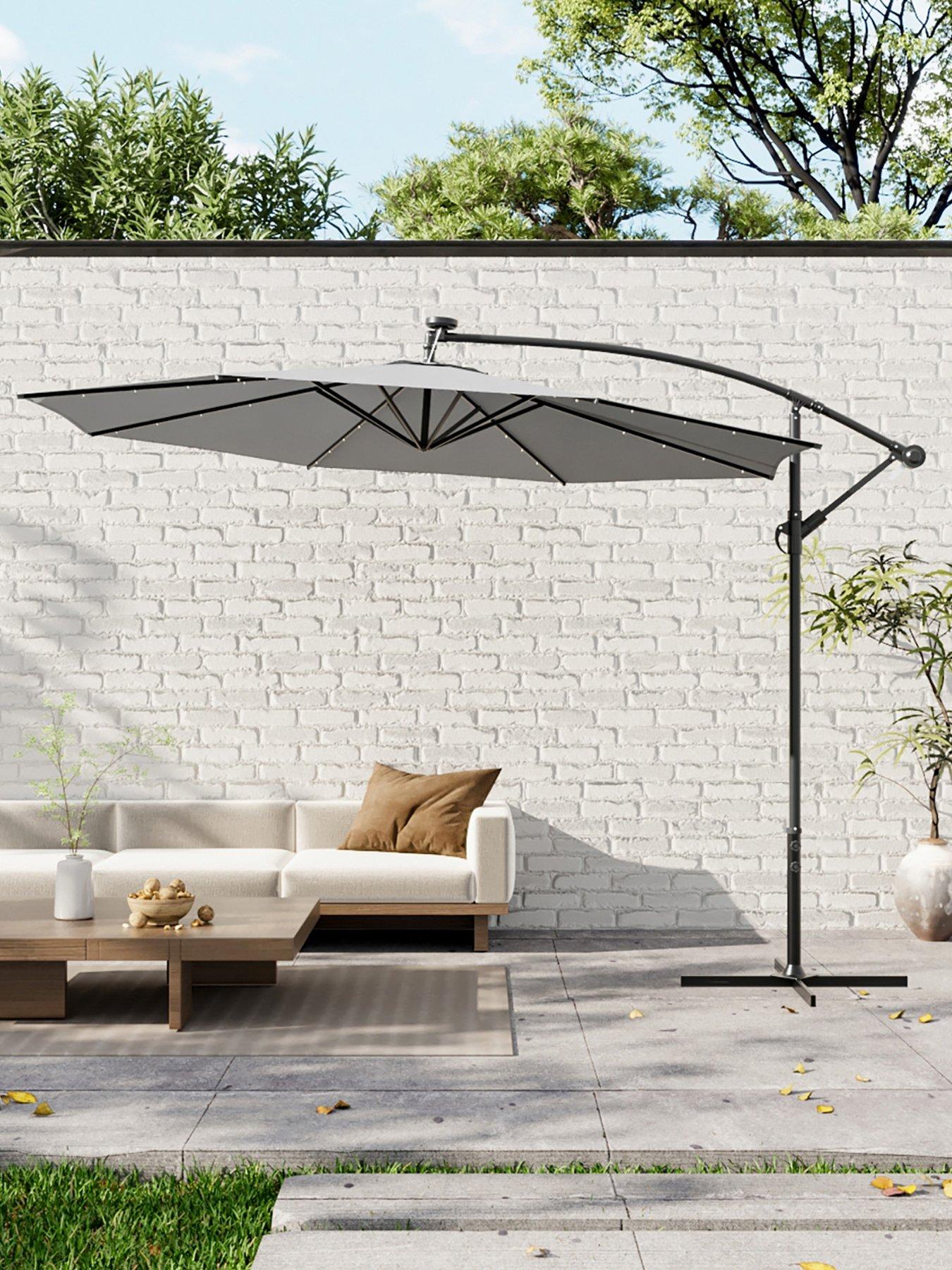 Living and Home 3M Outdoor 32 LED Lighted Patio Parasol with Cross Base Light Grey