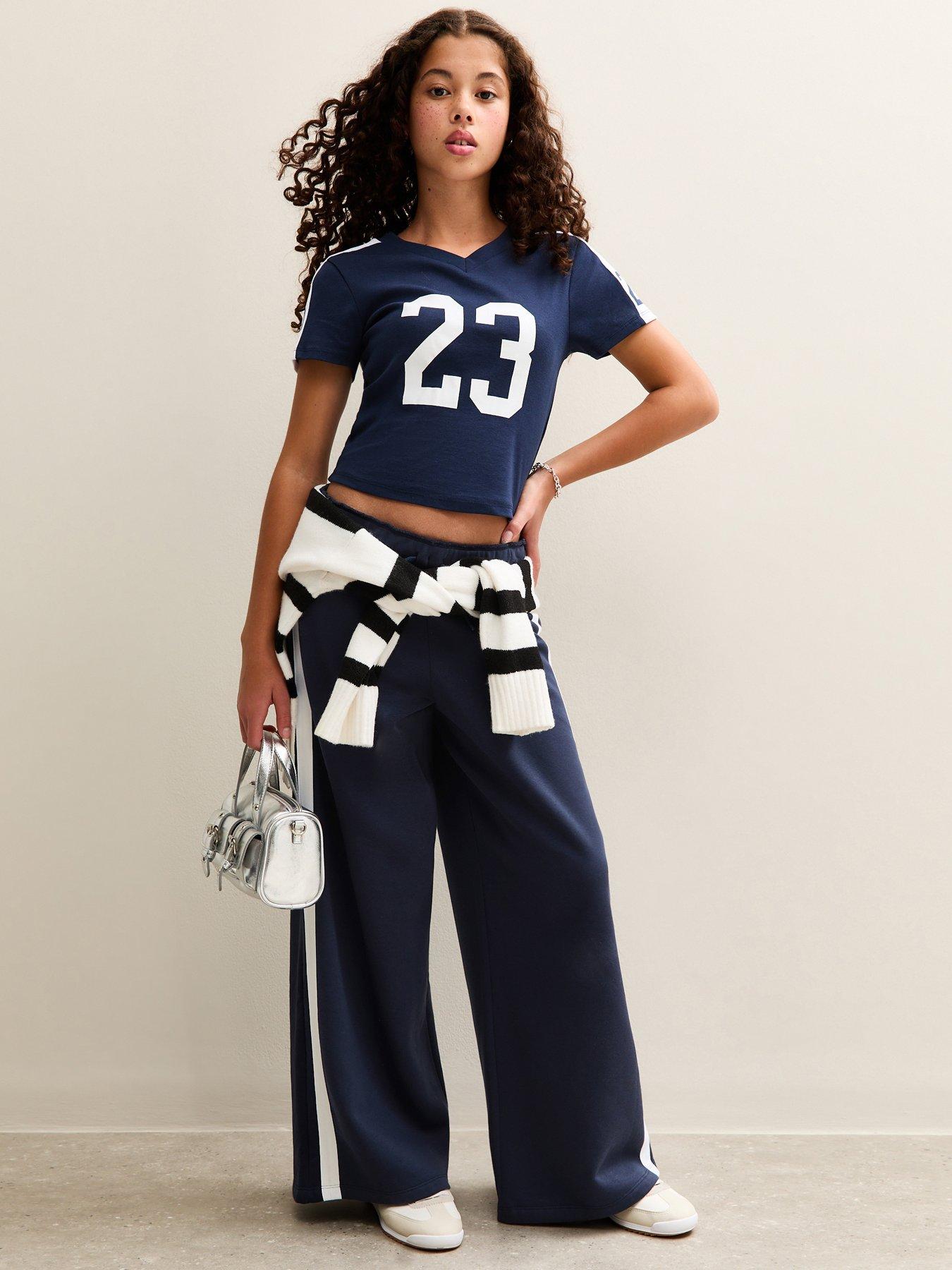 New Look 915 Girls Contrast Trim Super Wide Leg Joggers - Navy