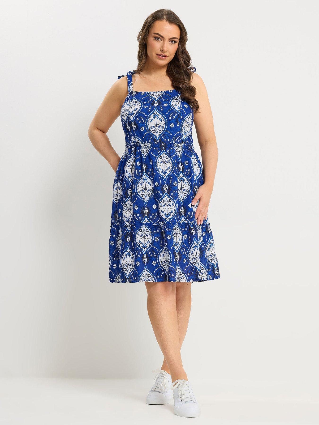 Yours Curve Linen Tiered Smock Dress - Blue