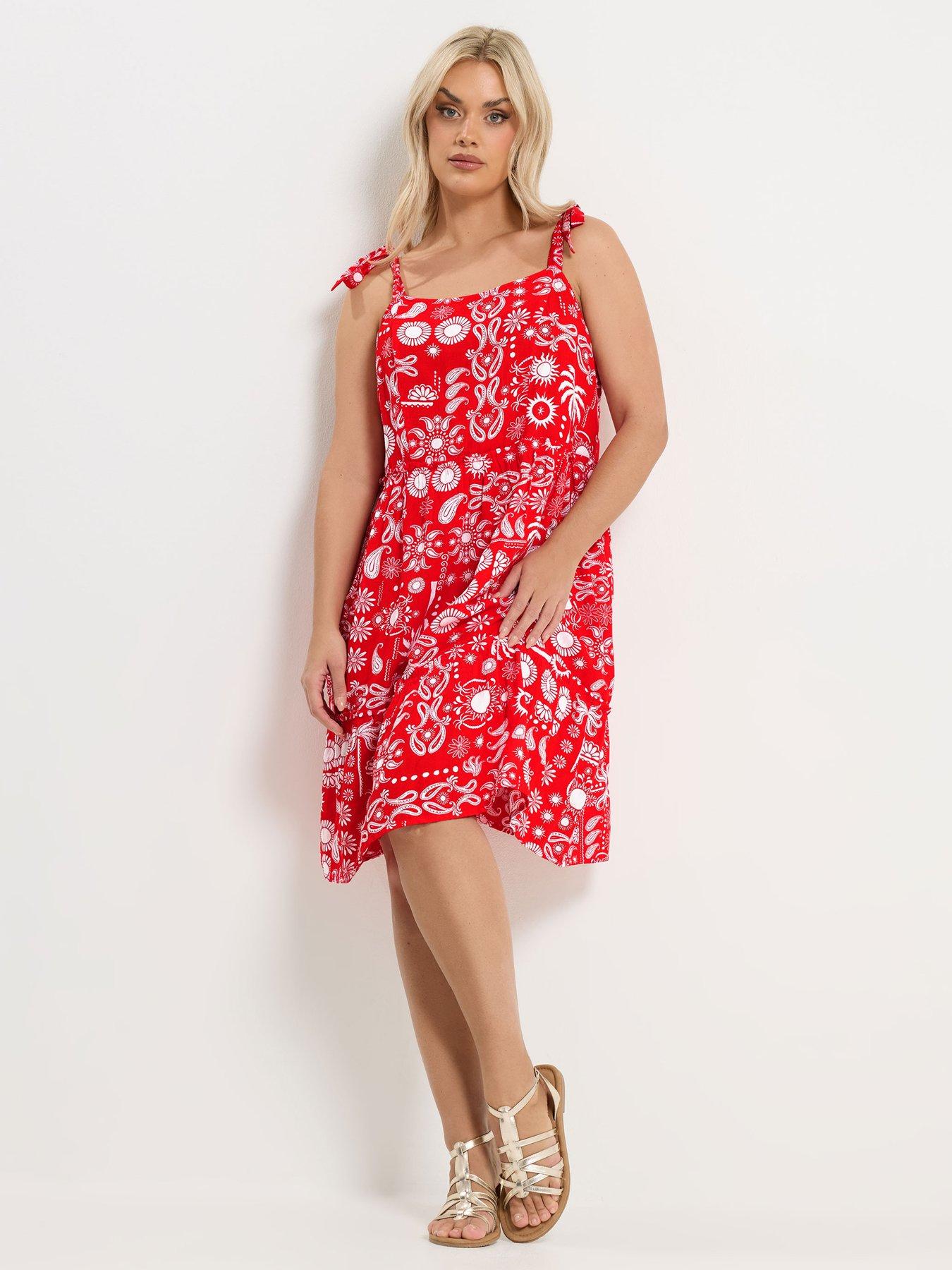 Yours Curve Linen Tiered Smock Dress - Red