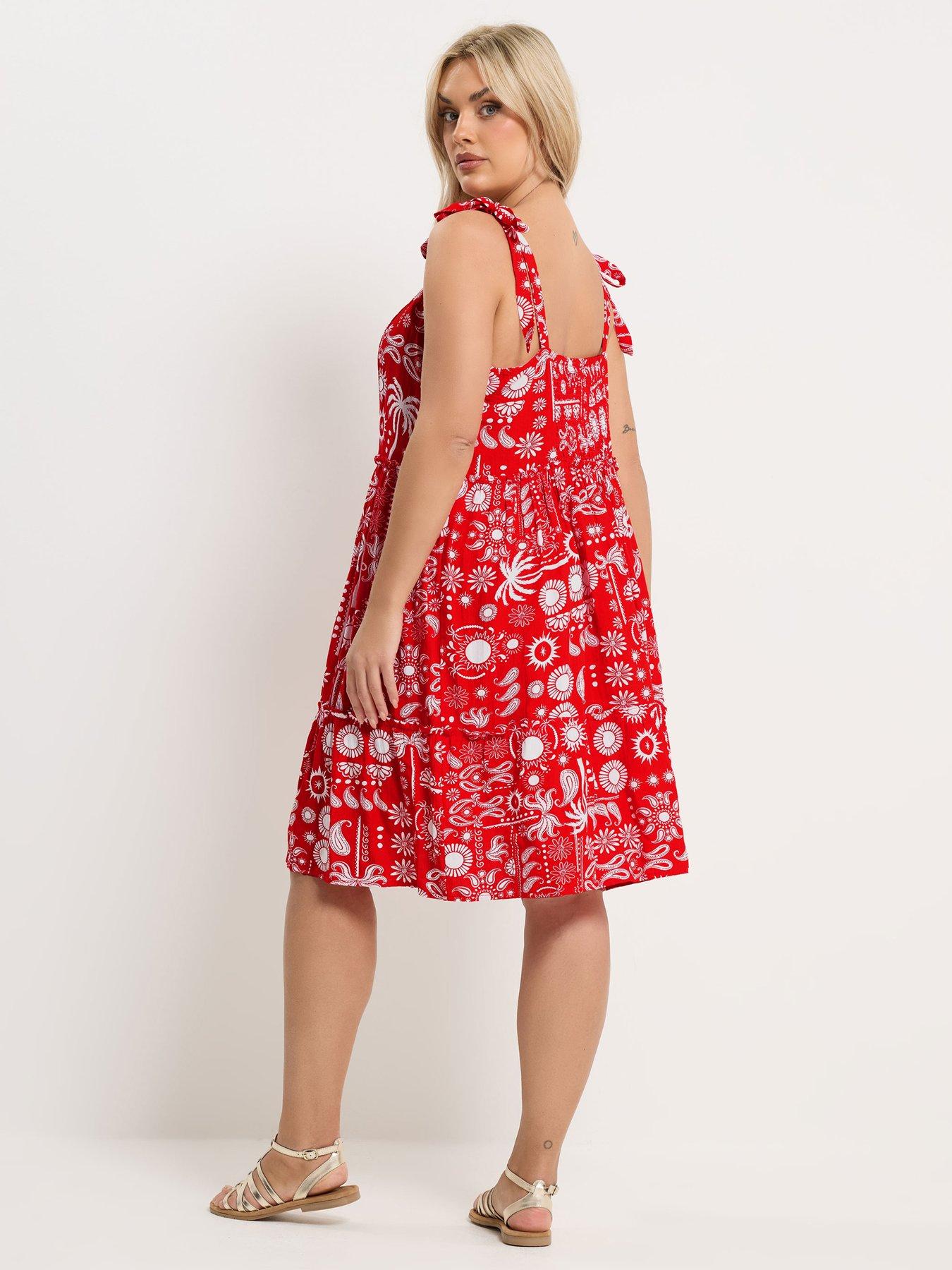 Image 2 of 5 of Yours Curve Linen Tiered Smock Dress - Red