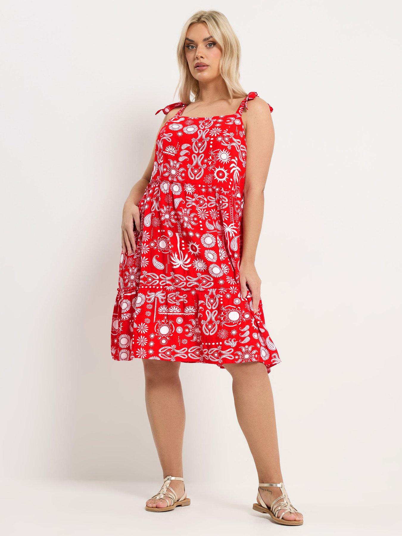 Image 3 of 5 of Yours Curve Linen Tiered Smock Dress - Red