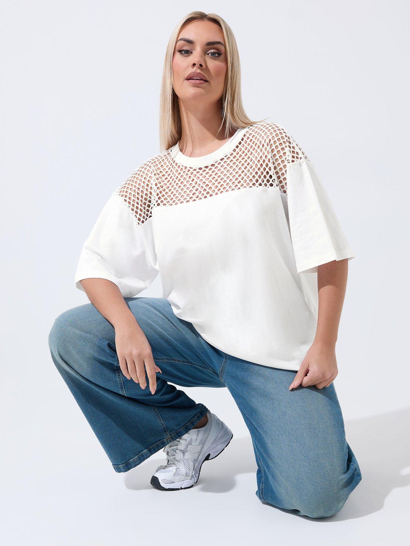 Yours Curve Fishnet Boxy T-Shirt - White