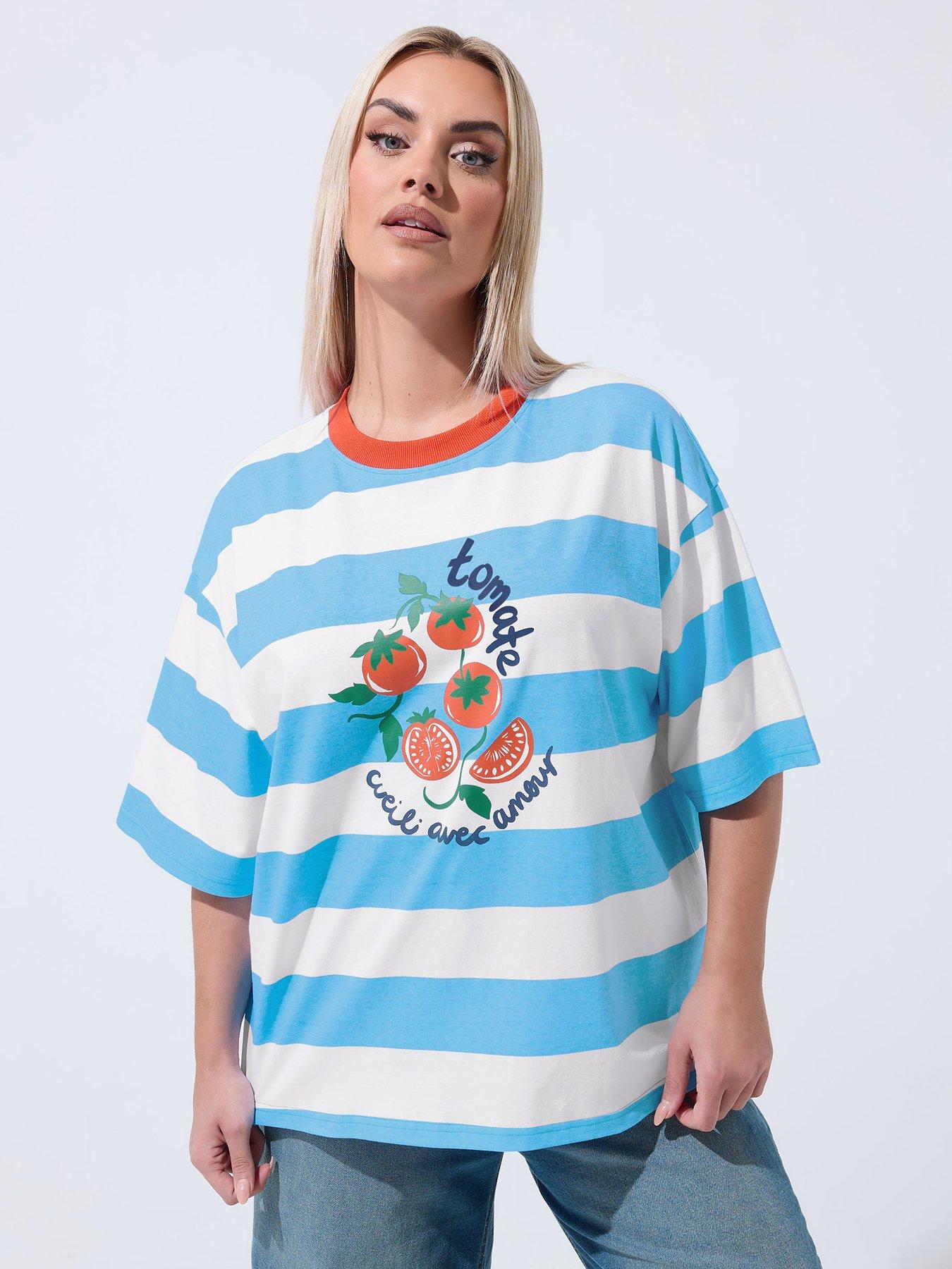 Yours Curve Tomato Print Striped Ringer T-Shirt - Blue