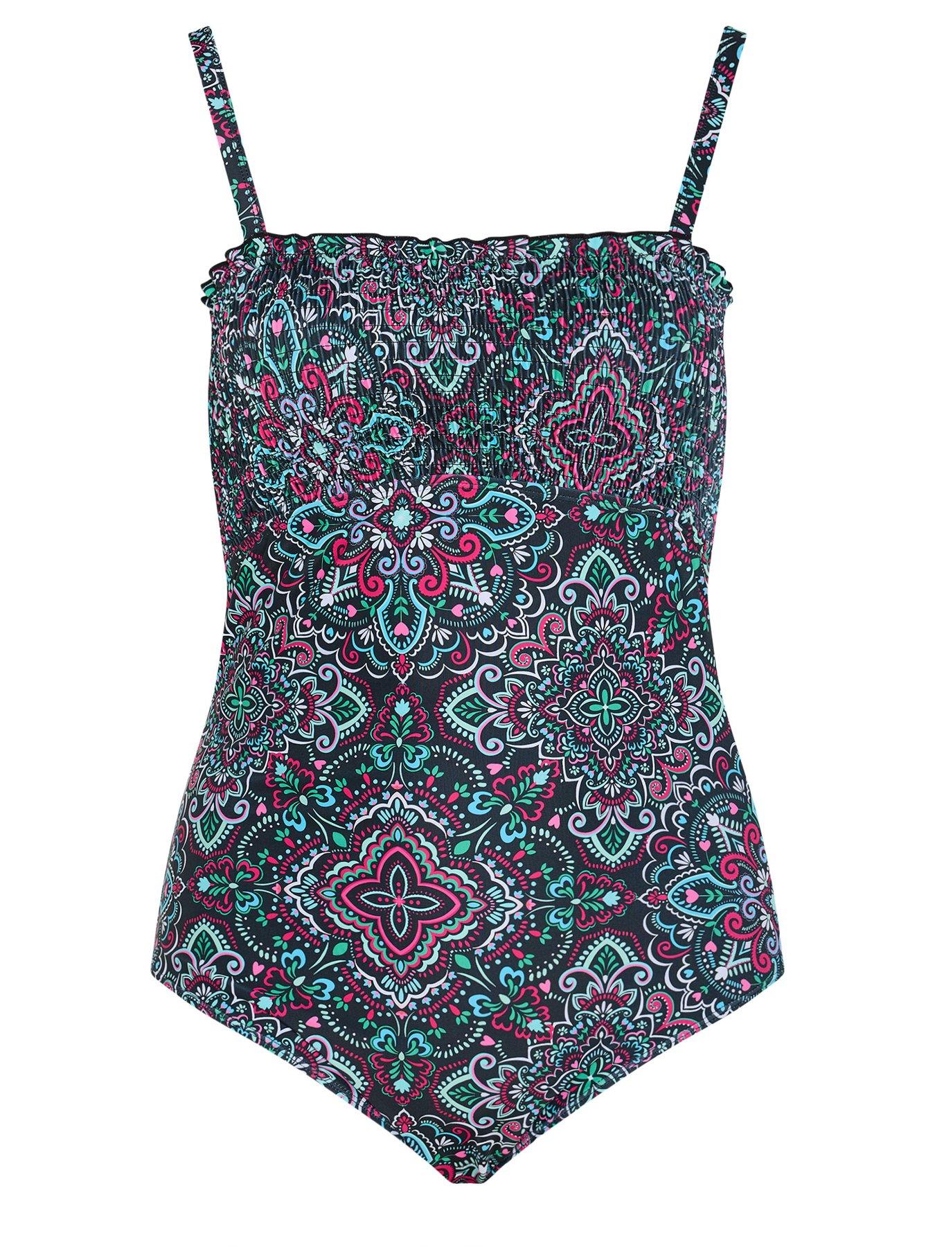 Image 6 of 6 of Yours Curve Aztec Shirred Swimsuit - Black
