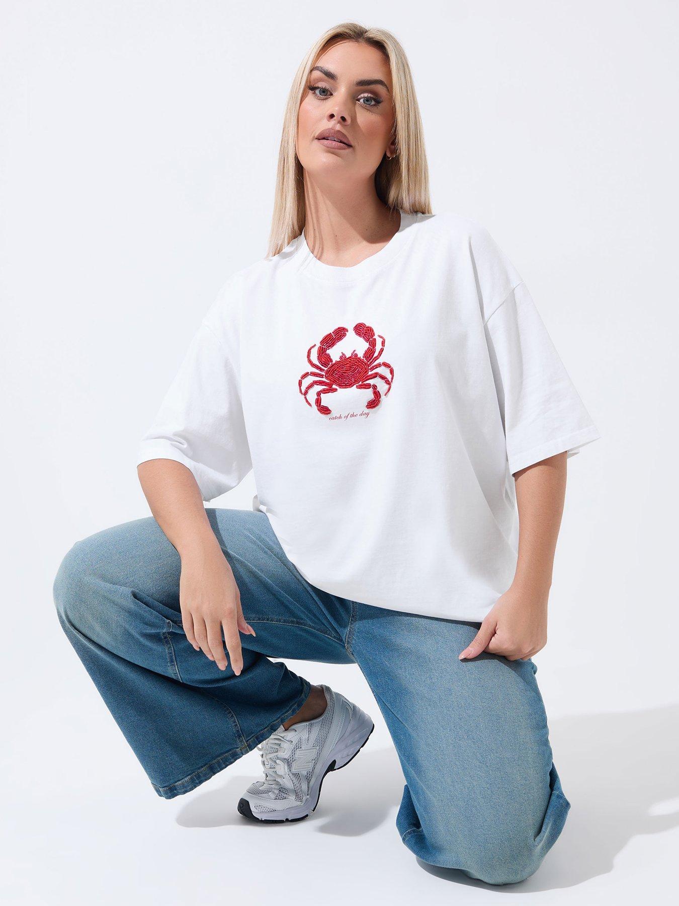 Yours Curve Beaded Crab Print Boxy T-Shirt - White
