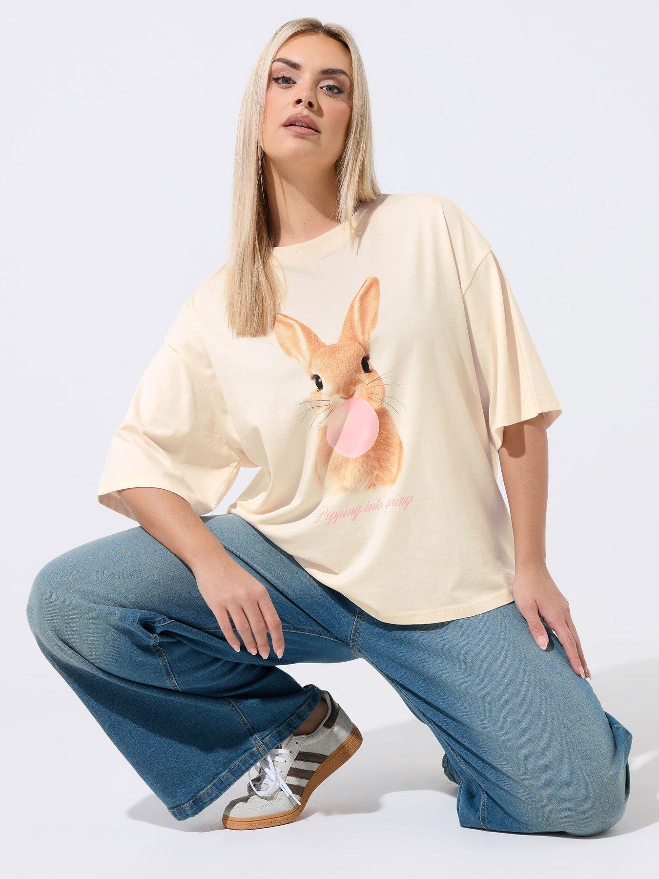 Yours Curve 'Hoping Into Spring' Bunny Printed T-Shirt - Yellow