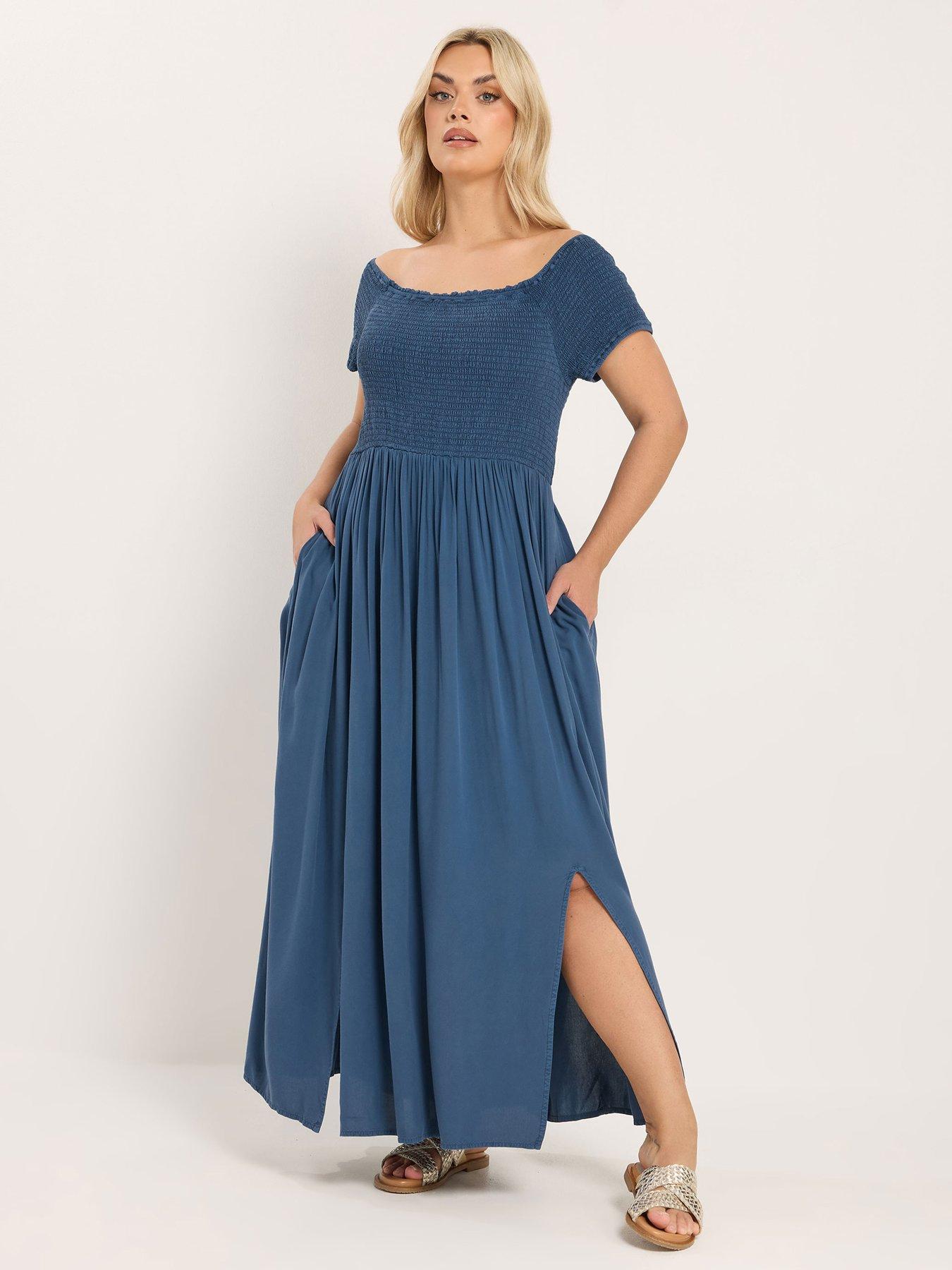 Image 1 of 5 of Yours Curve Shirred Chambray Bardot Dress