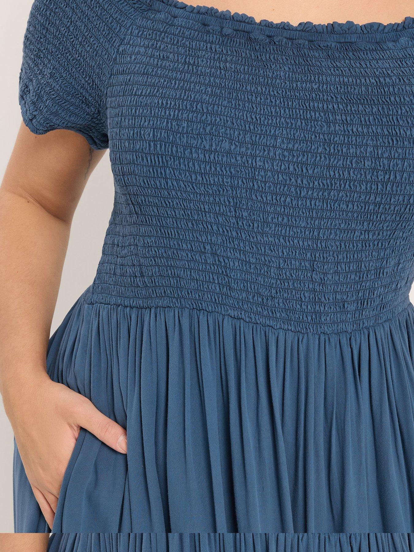 Image 4 of 5 of Yours Curve Shirred Chambray Bardot Dress