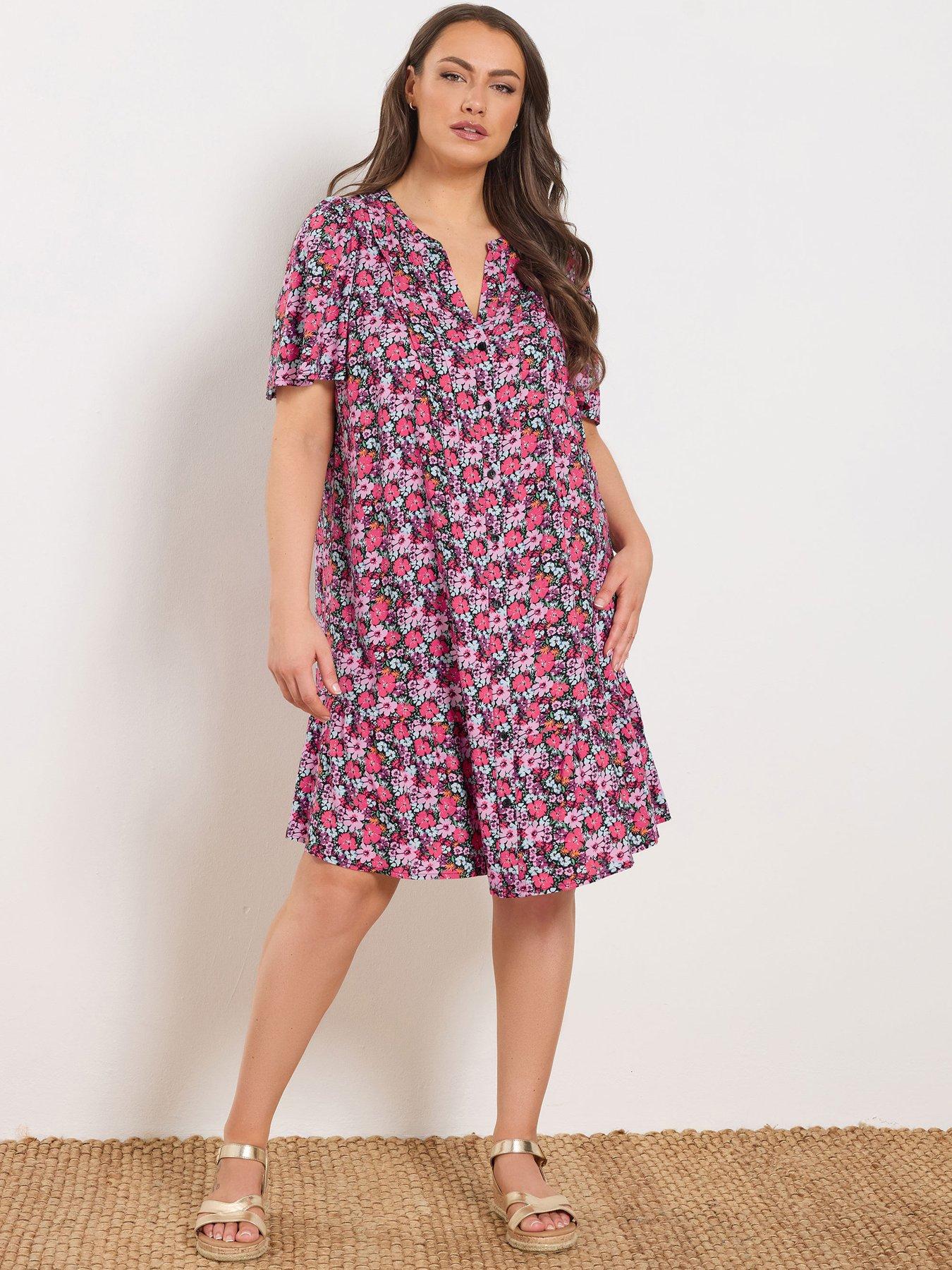 Yours Curve Ditsy Print Notch Neck Smock Dress - Black/Pink